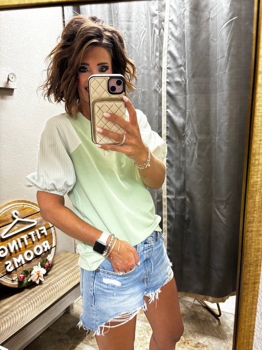 Dusty Mint Stripe Contrast Puff Sleeve Top