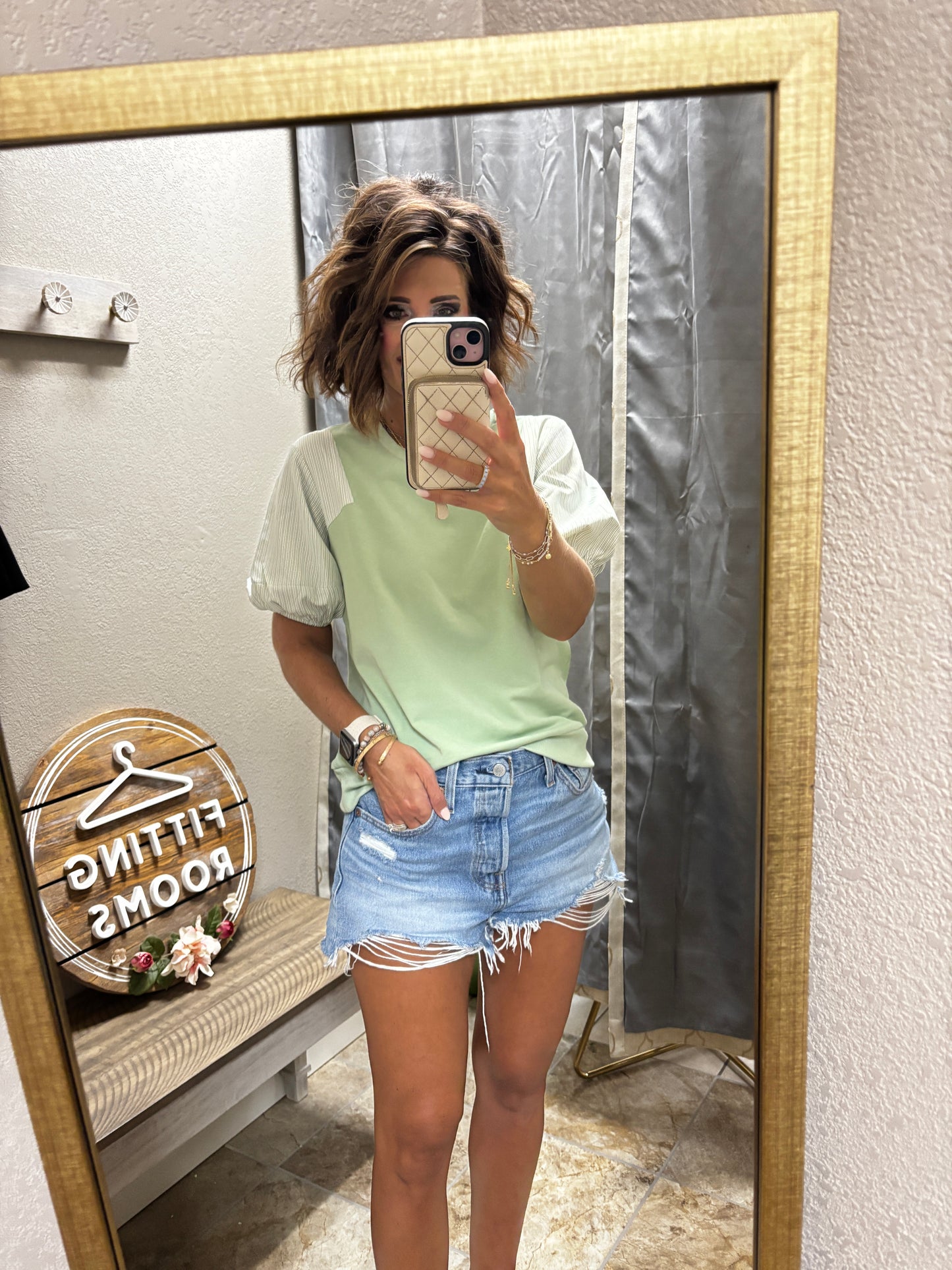 Dusty Mint Stripe Contrast Puff Sleeve Top