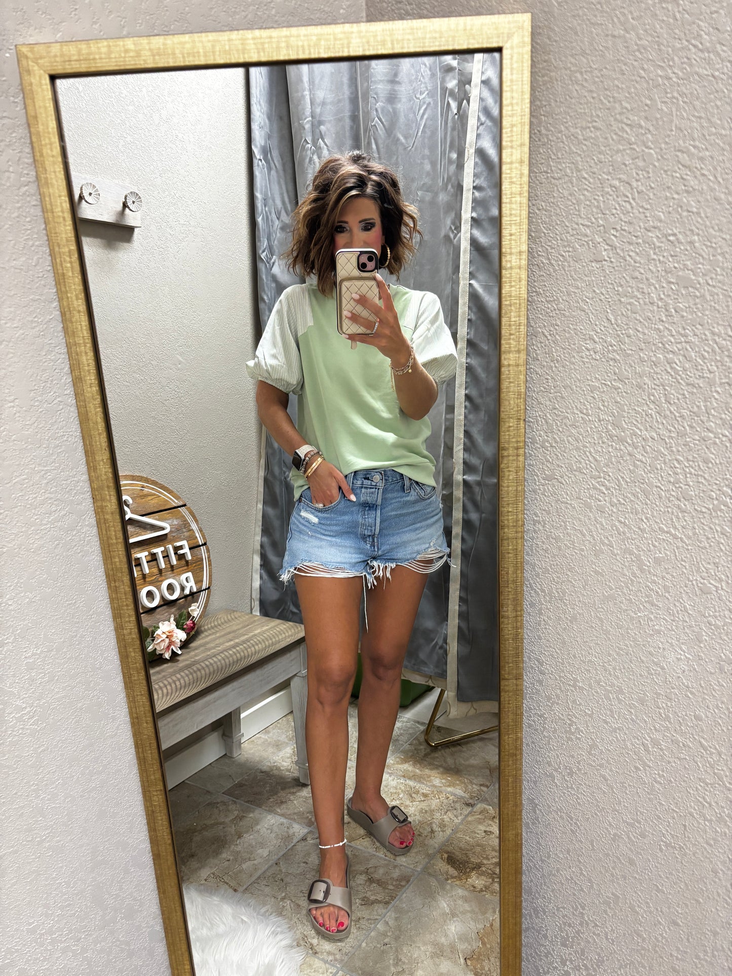Dusty Mint Stripe Contrast Puff Sleeve Top