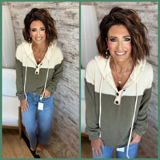Buttoned Ribbed Hoodie ~ 2 Colors