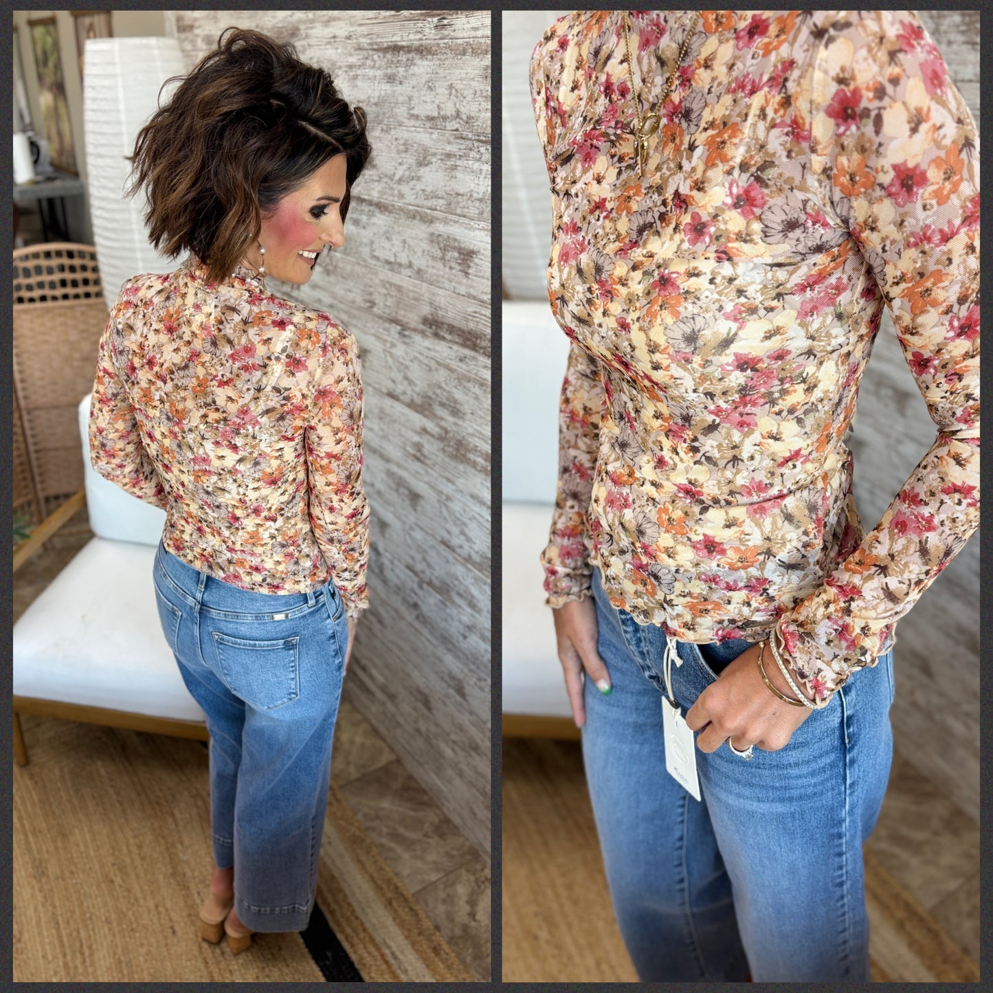 Taupe Floral Mesh Mock Neck Top