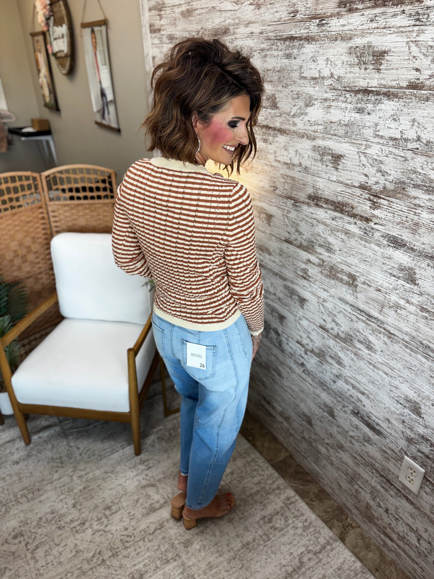 Rust Pointelle Stripped Henley Top