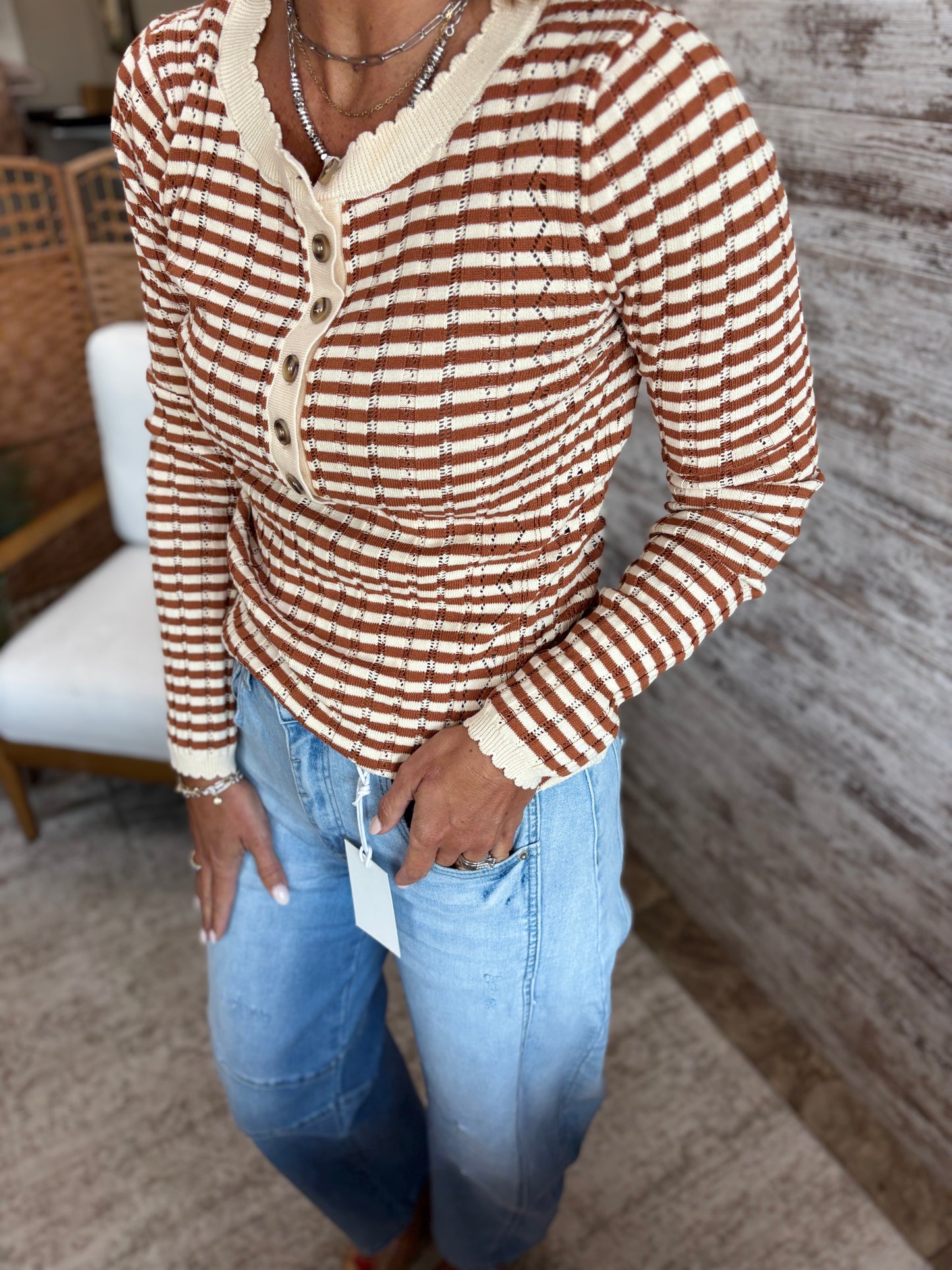 Rust Pointelle Stripped Henley Top
