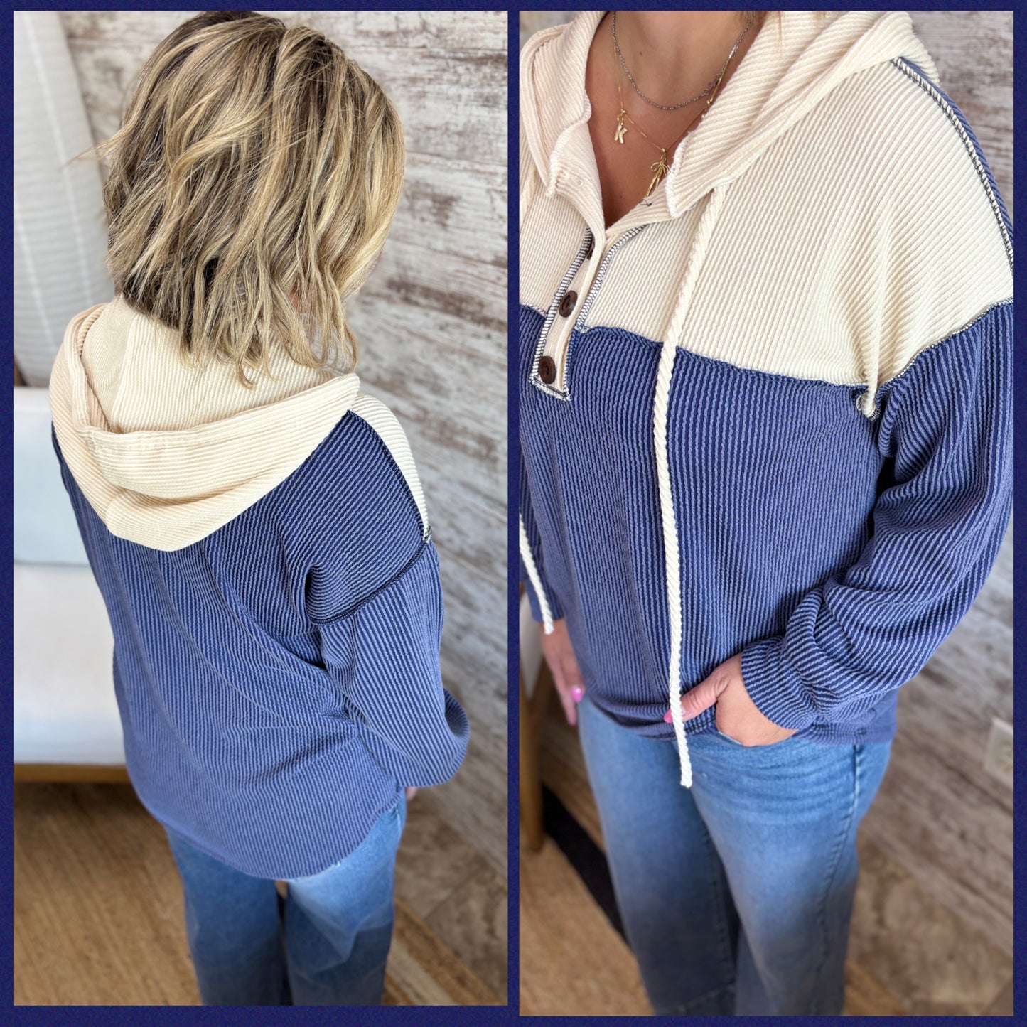Buttoned Ribbed Hoodie ~ 2 Colors