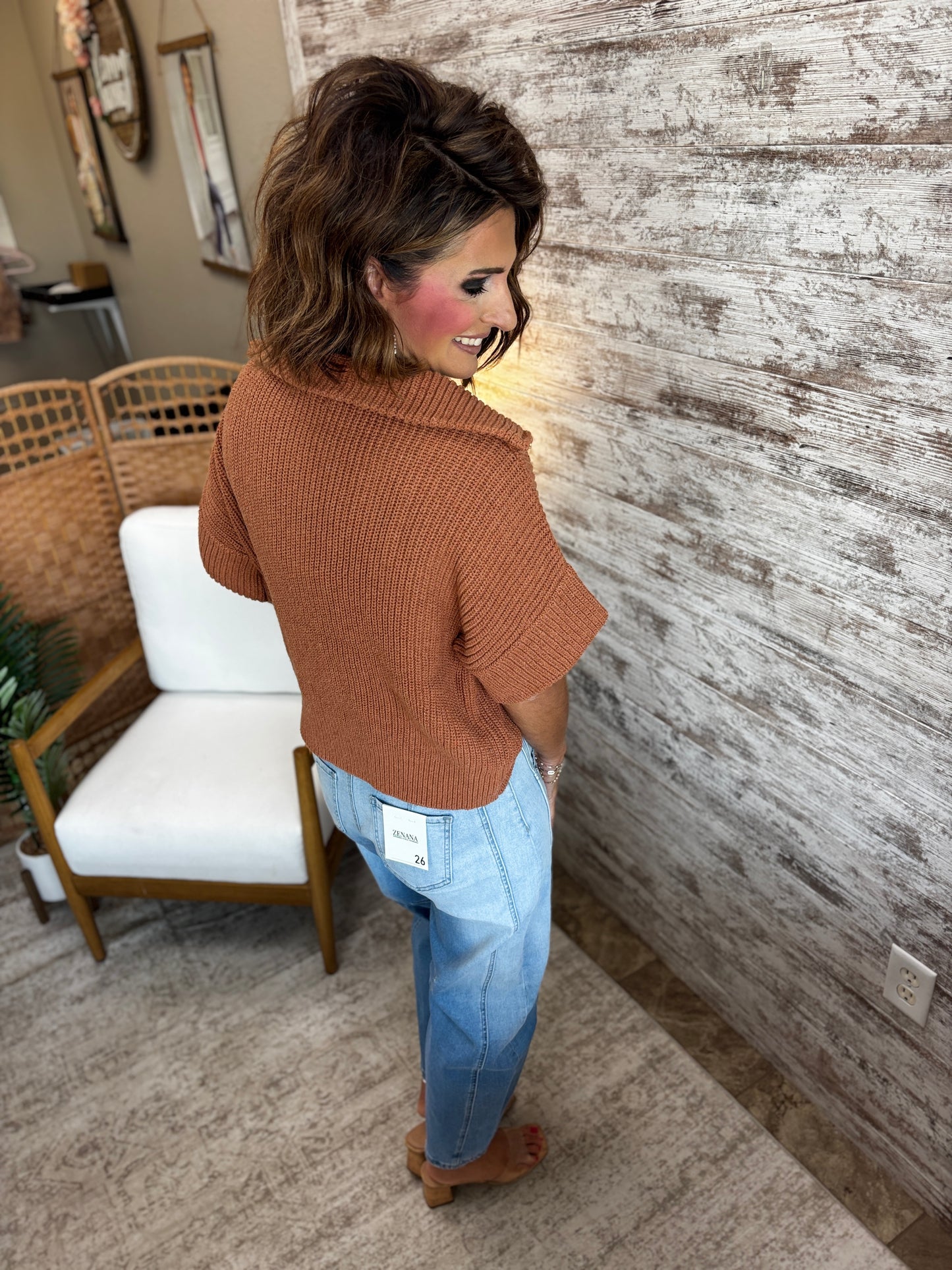 Pecan Half Zip Short Sleeve Sweater