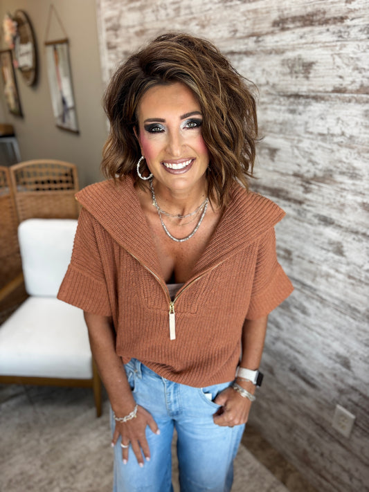 Pecan Half Zip Short Sleeve Sweater