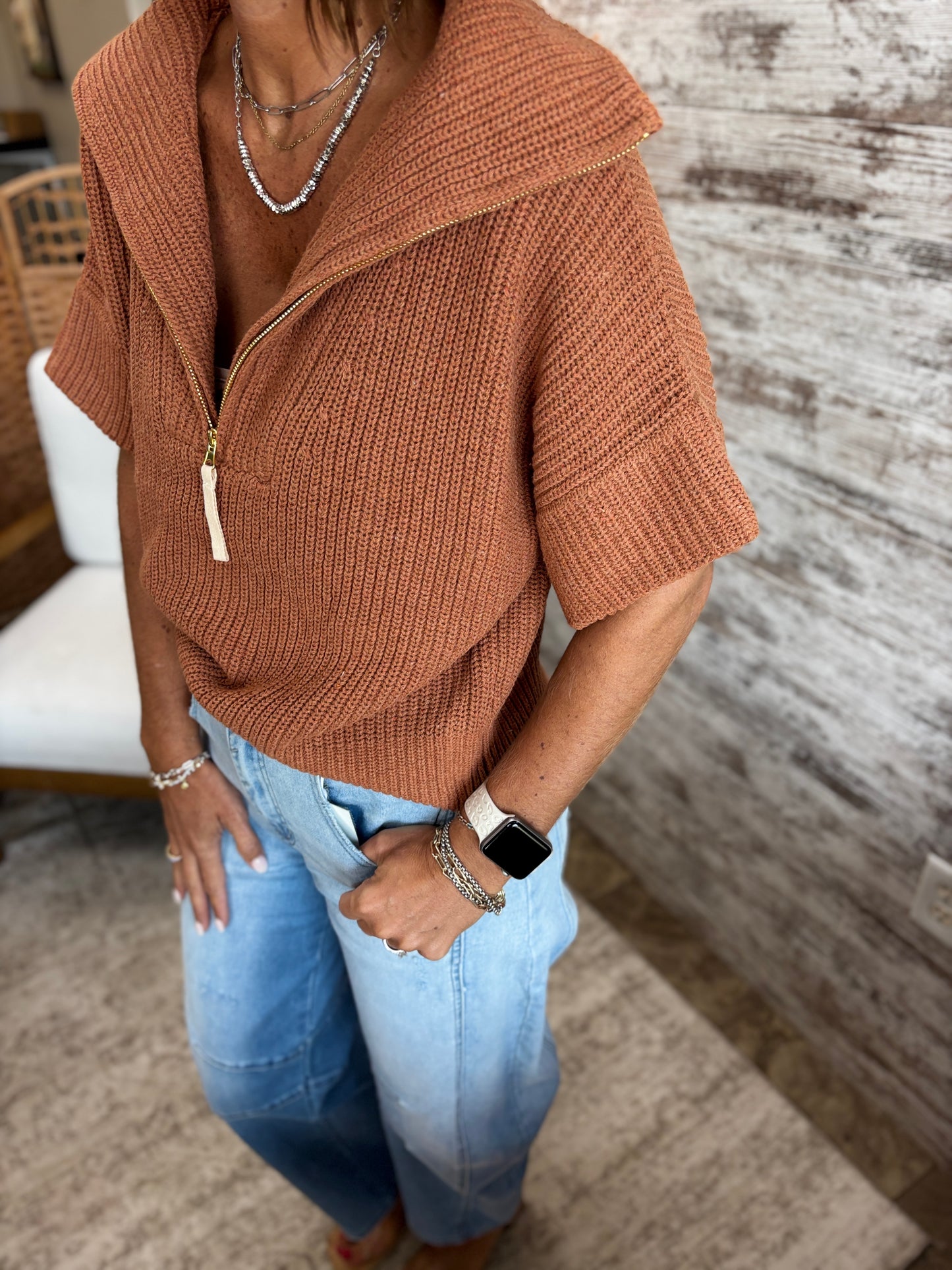 Pecan Half Zip Short Sleeve Sweater