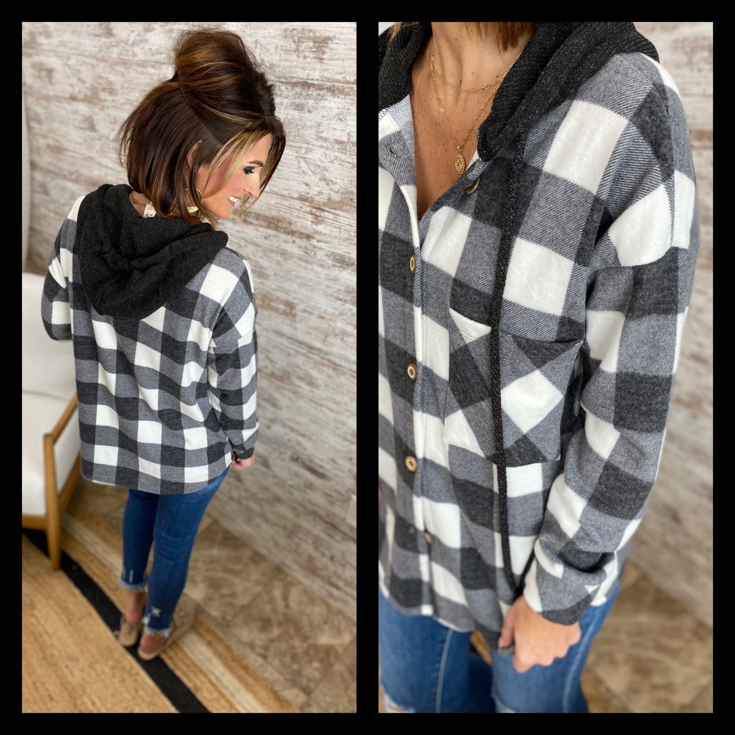 CHECKERED HOODED FLANNEL SHIRT