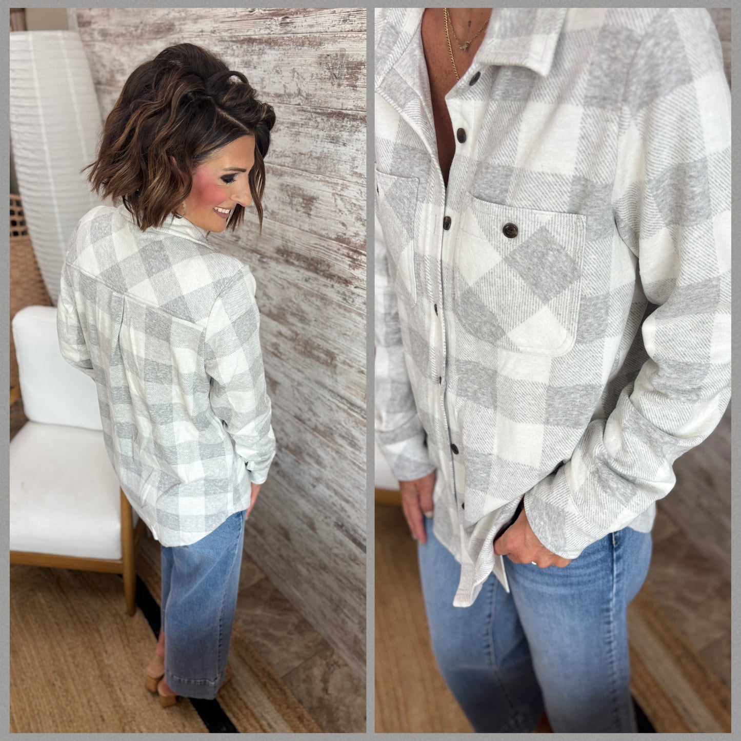 Lt Grey and White Plaid Button Down Shirt