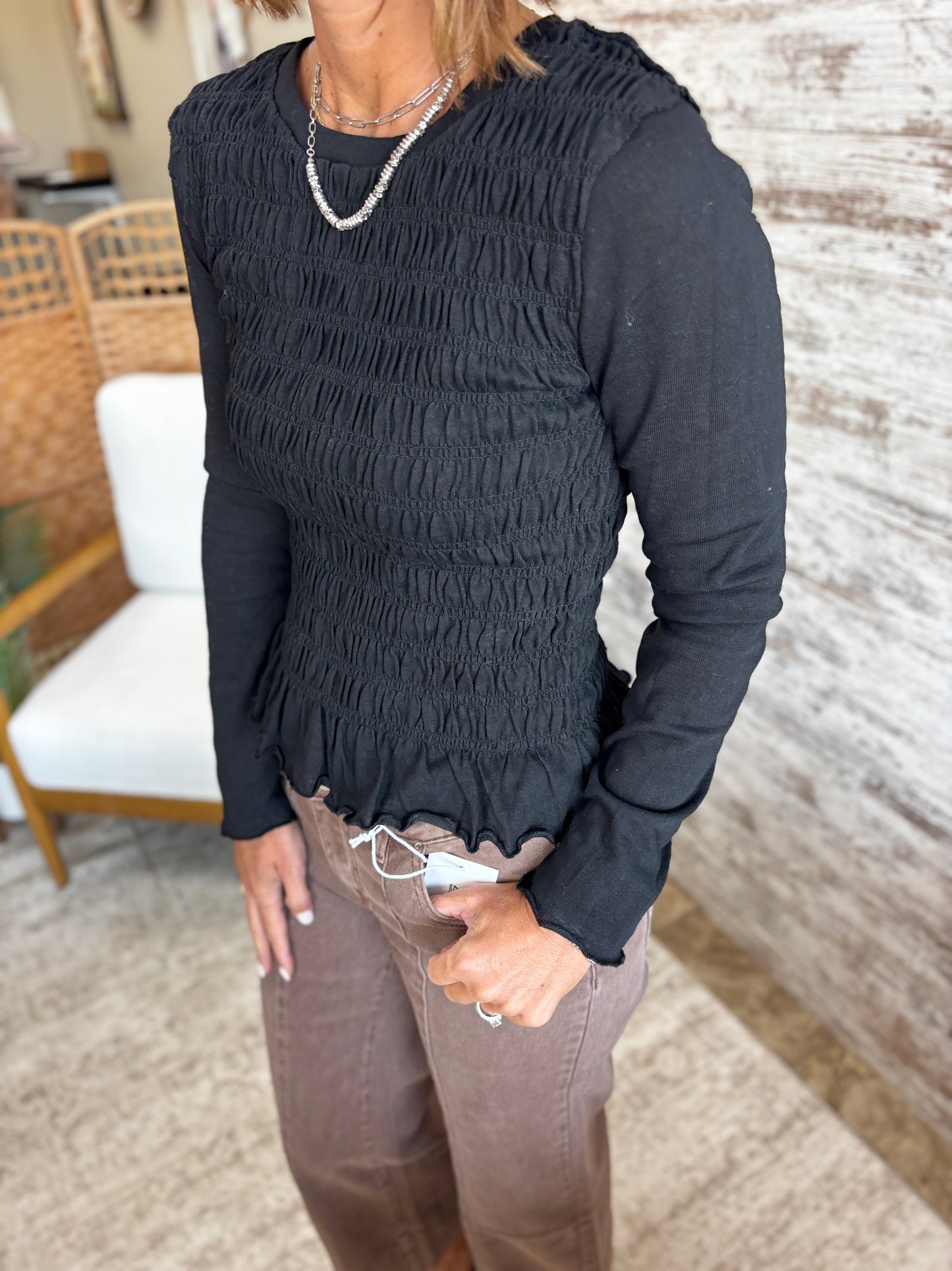 Black Ruched and Ruffled Top