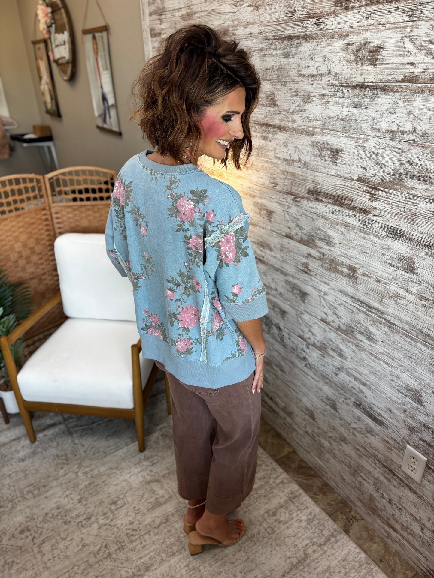 Floral Printed Denim Top