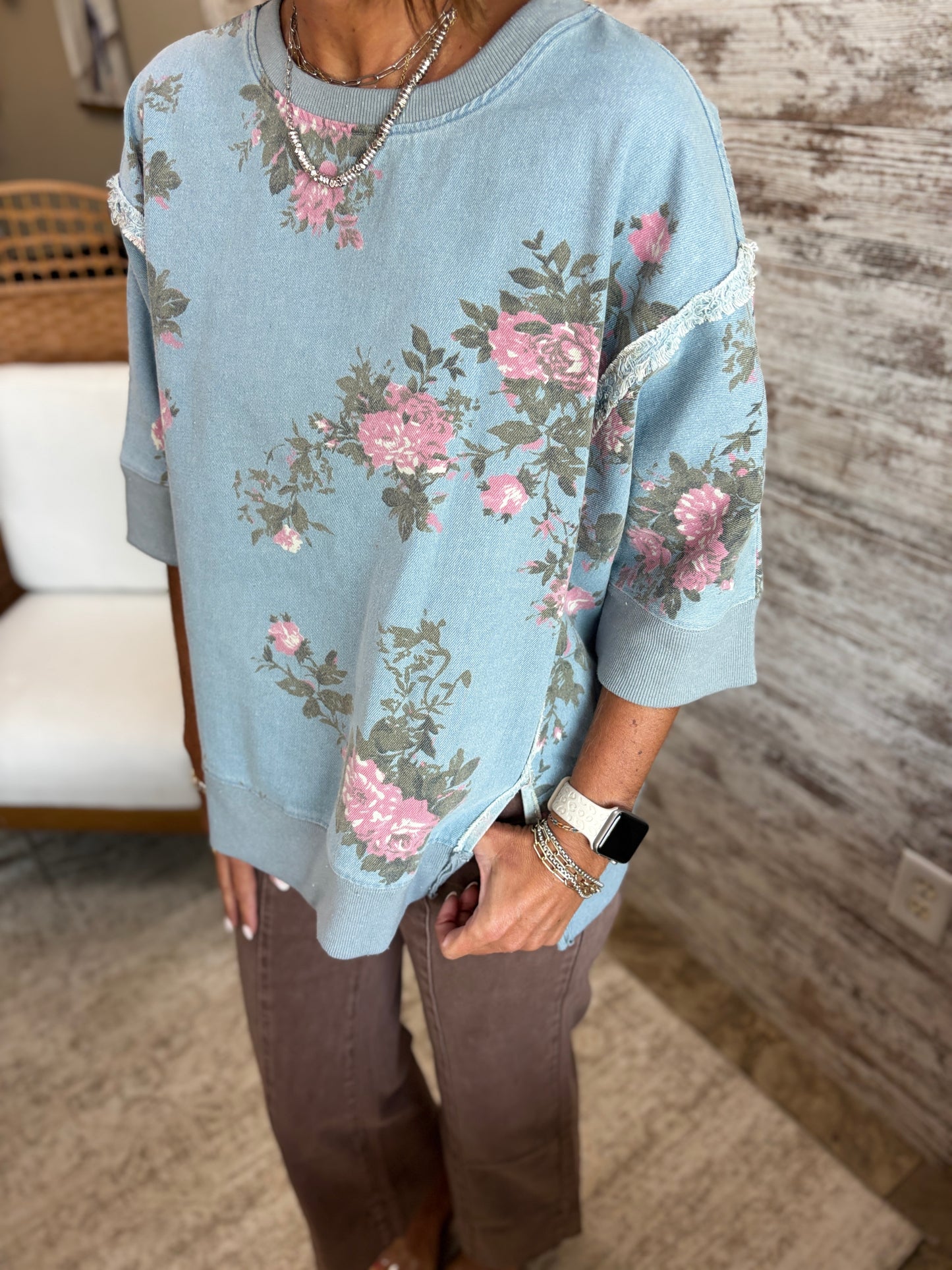 Floral Printed Denim Top