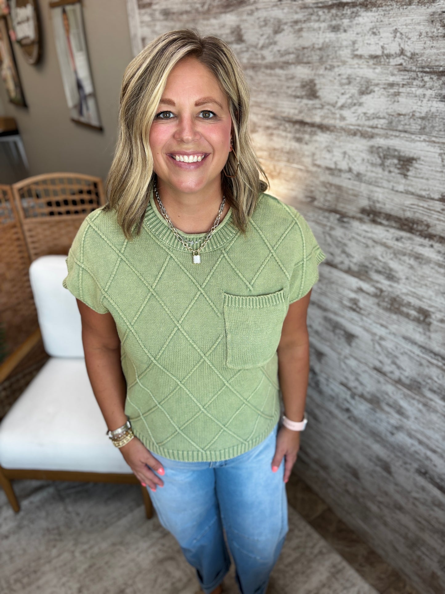 Lt Olive Diamond Washed Knit Top