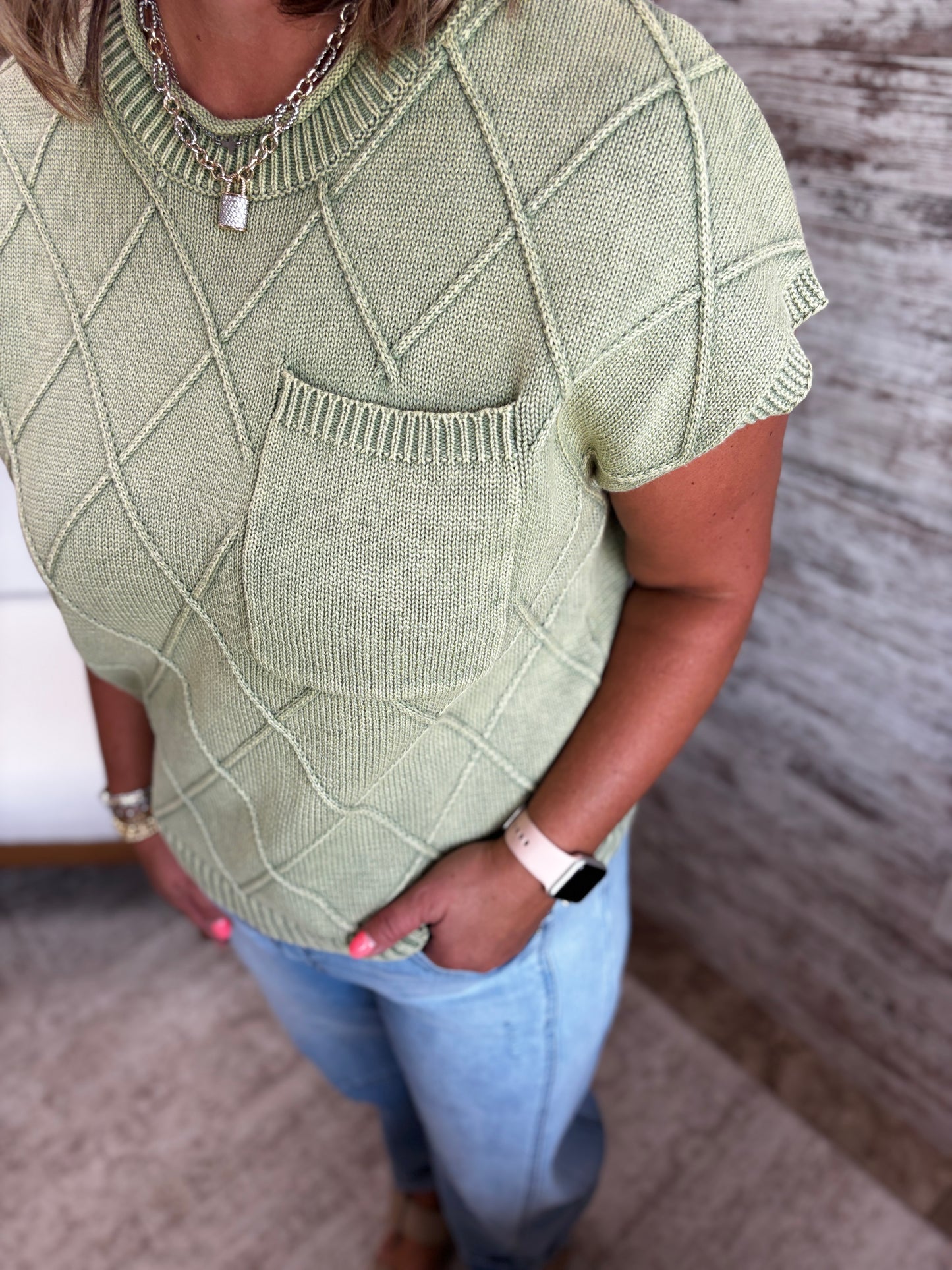 Lt Olive Diamond Washed Knit Top