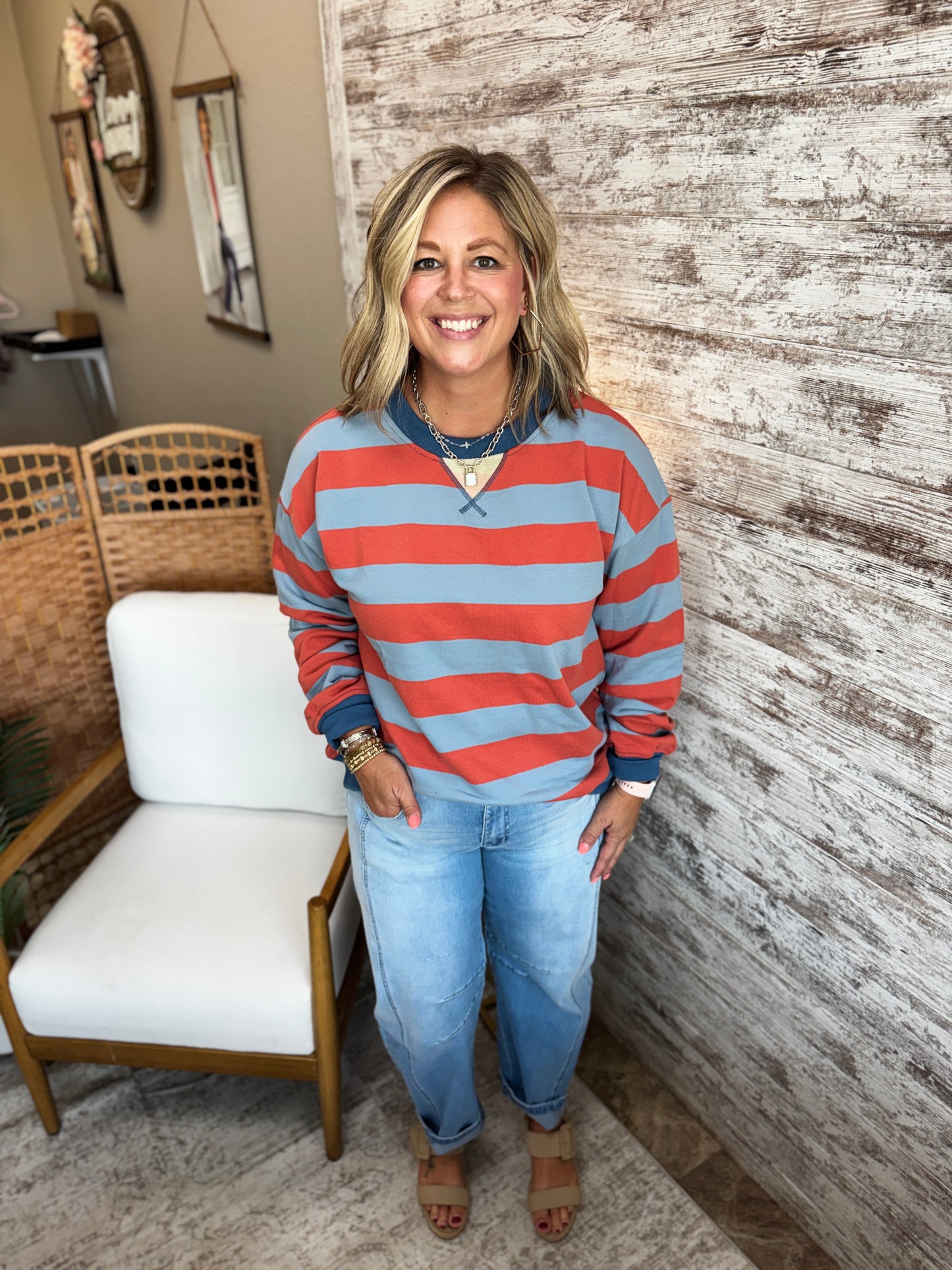Dusty Blue and Orange Rugby Stripe Pullover
