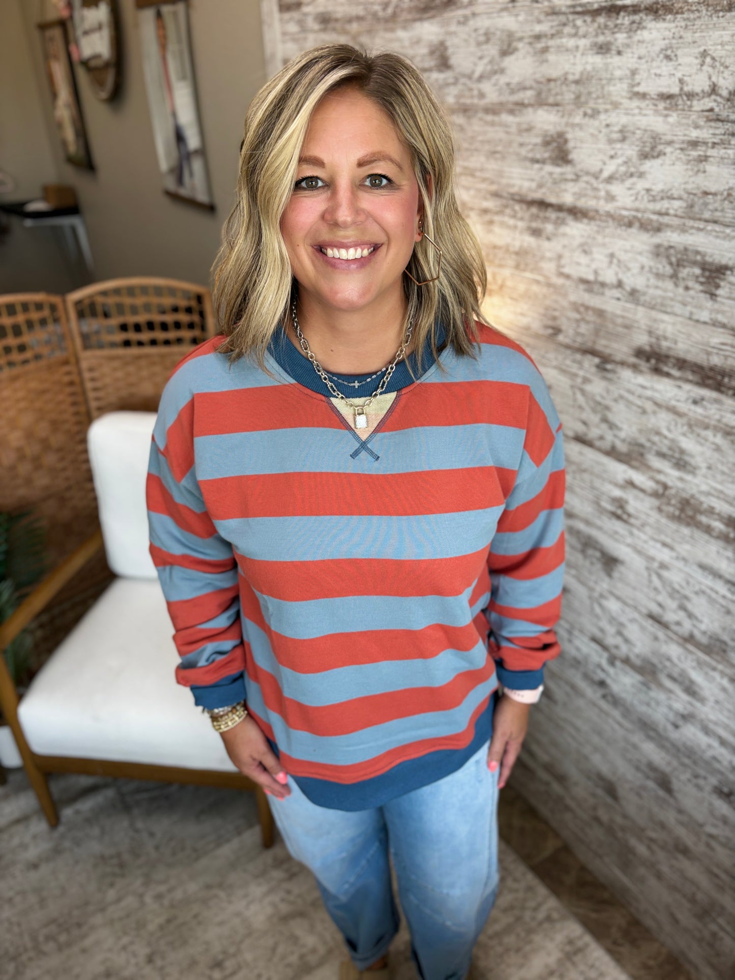 Dusty Blue and Orange Rugby Stripe Pullover