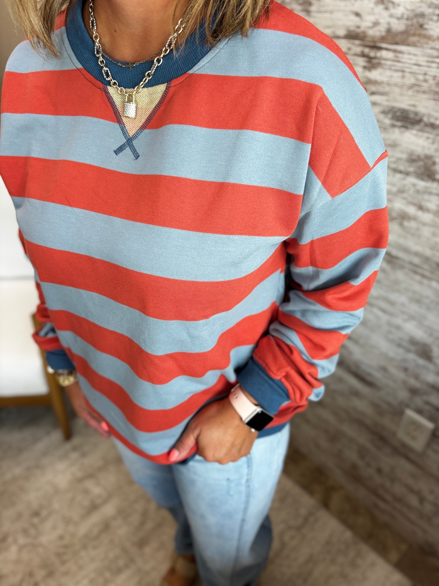 Dusty Blue and Orange Rugby Stripe Pullover