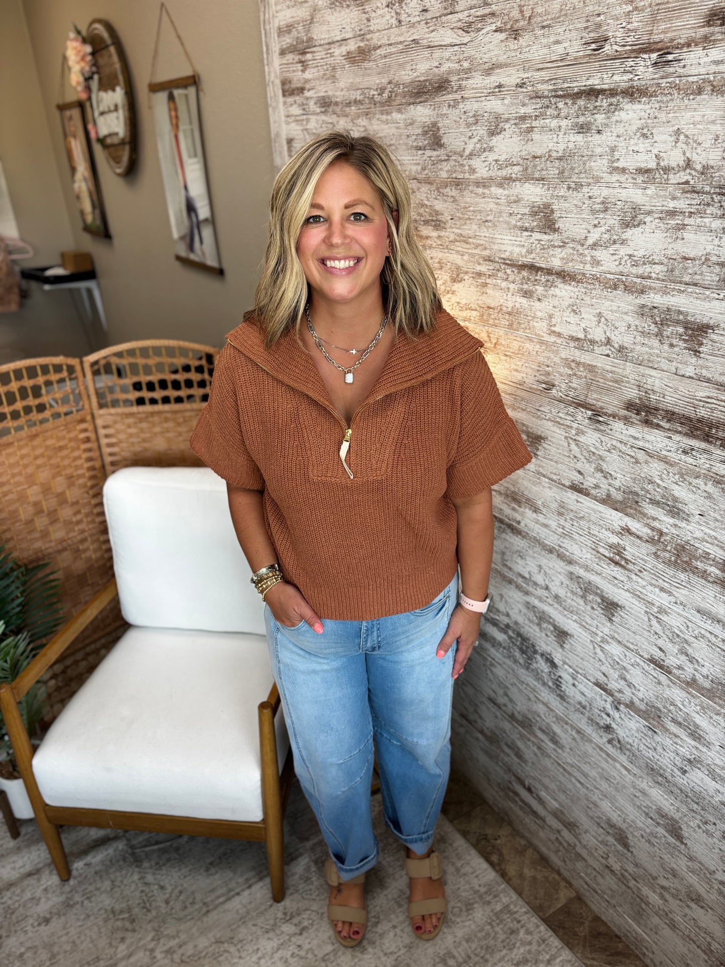 Pecan Half Zip Short Sleeve Sweater