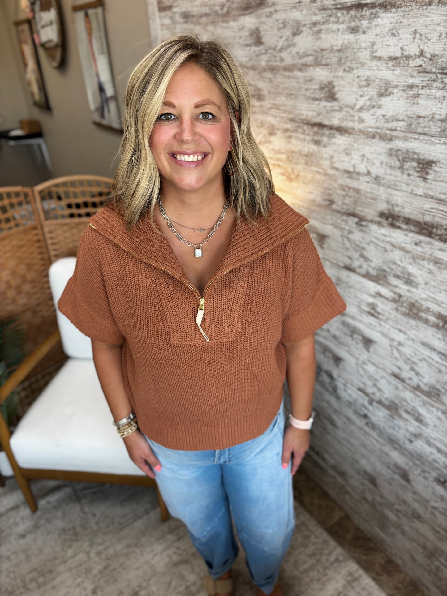 Pecan Half Zip Short Sleeve Sweater