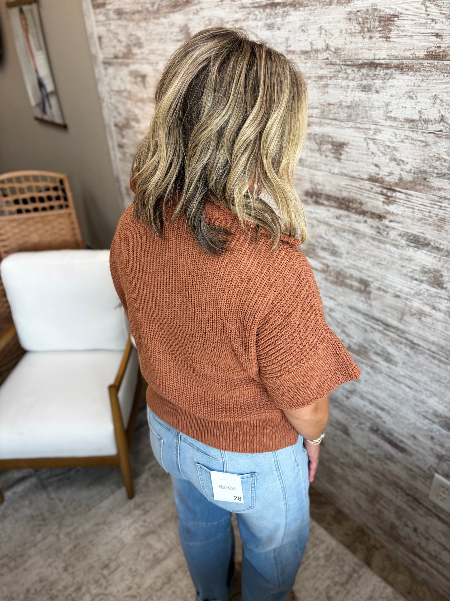 Pecan Half Zip Short Sleeve Sweater