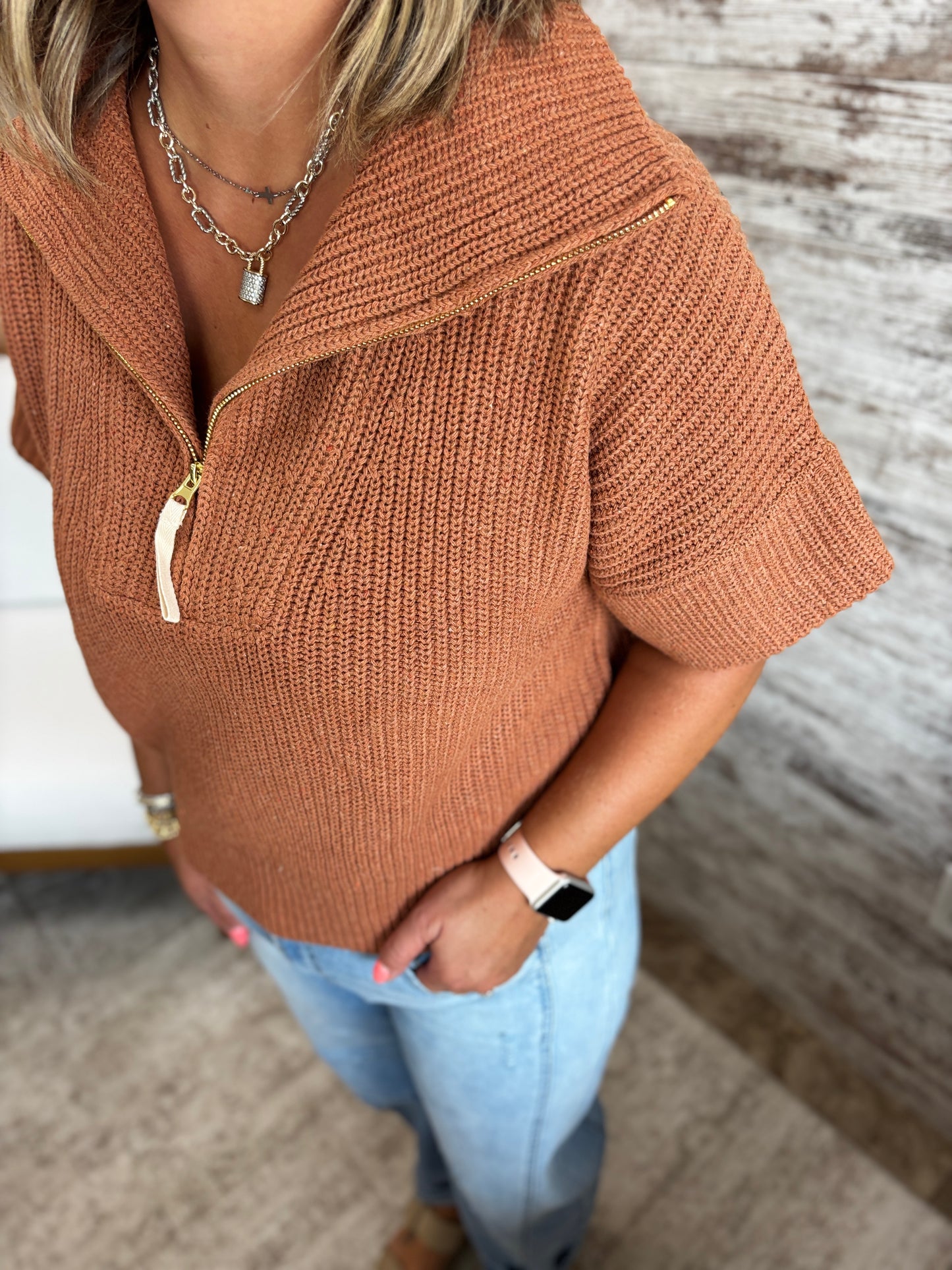 Pecan Half Zip Short Sleeve Sweater