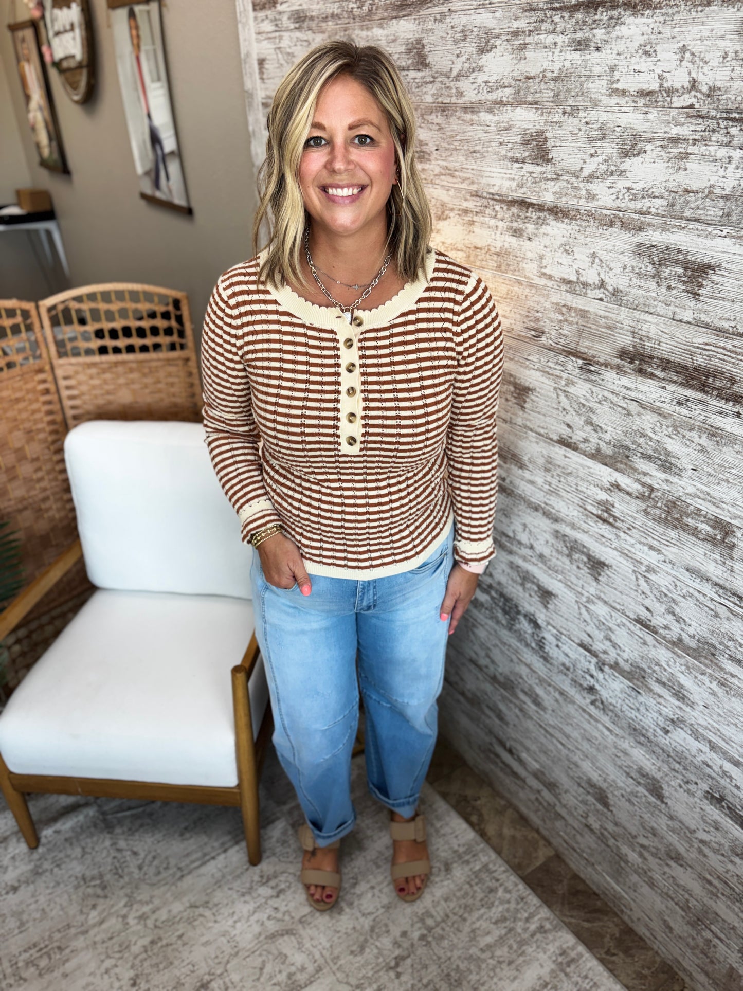 Rust Pointelle Stripped Henley Top