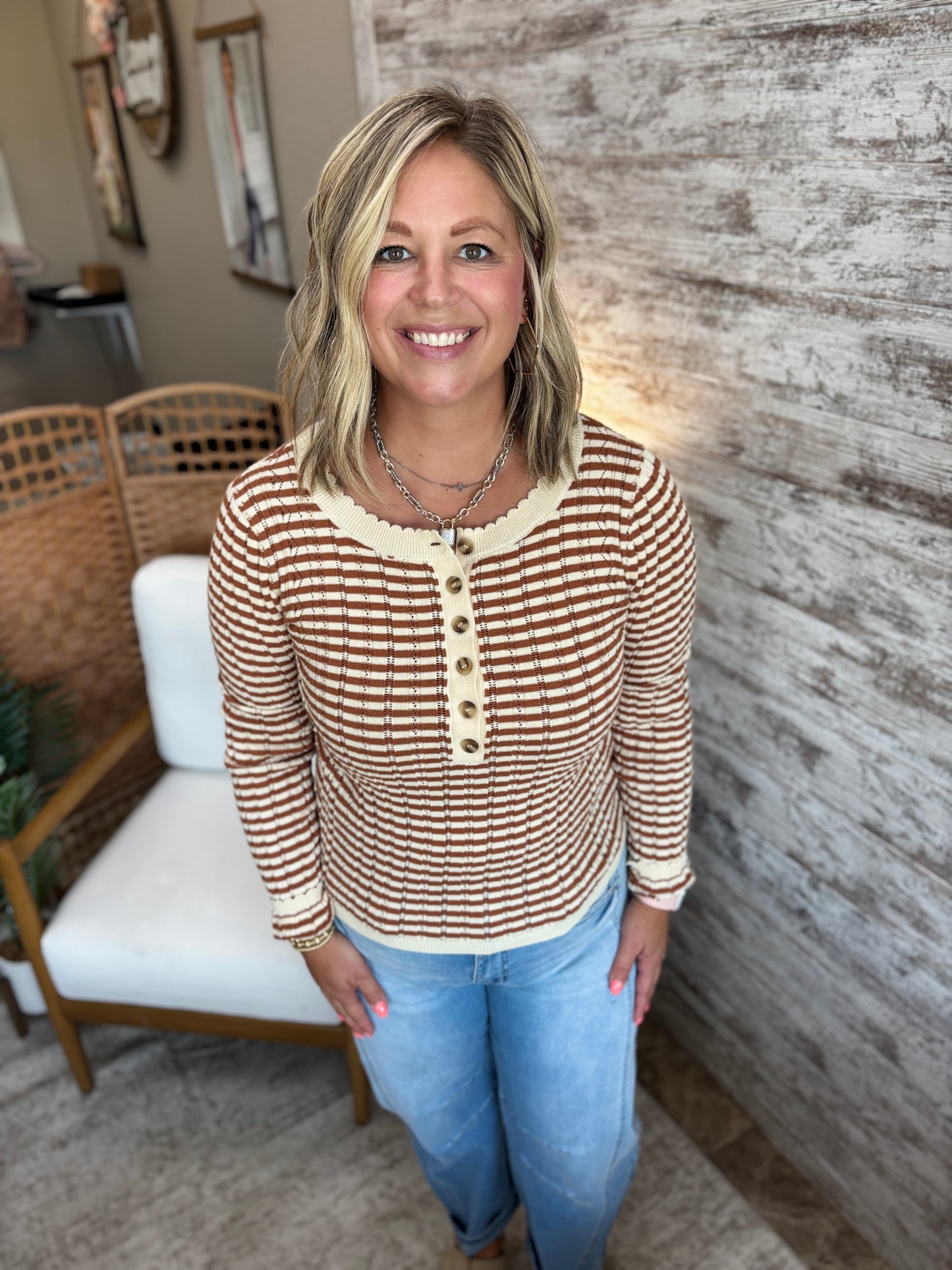 Rust Pointelle Stripped Henley Top