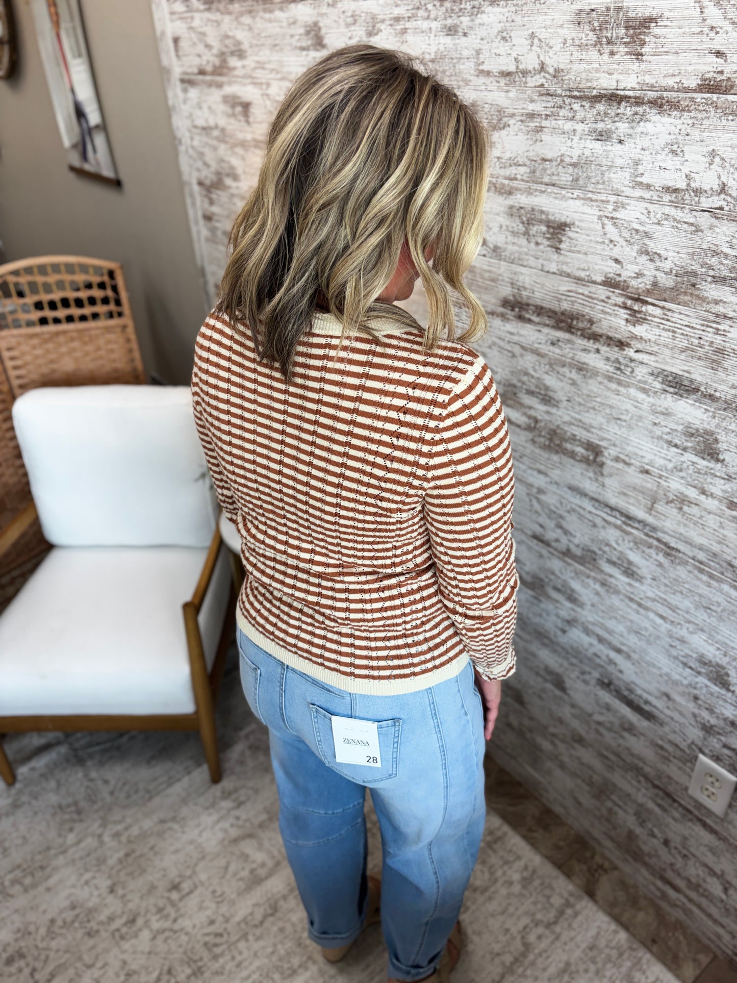 Rust Pointelle Stripped Henley Top