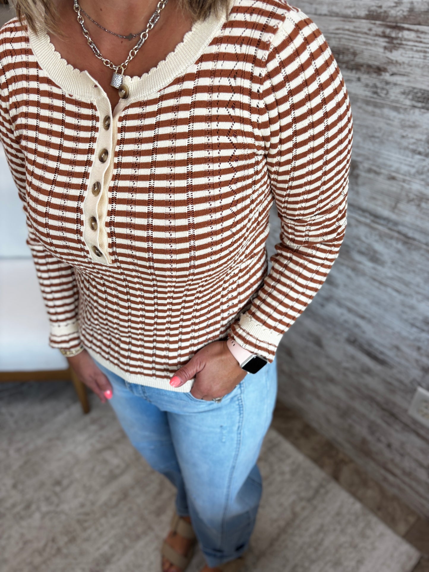 Rust Pointelle Stripped Henley Top