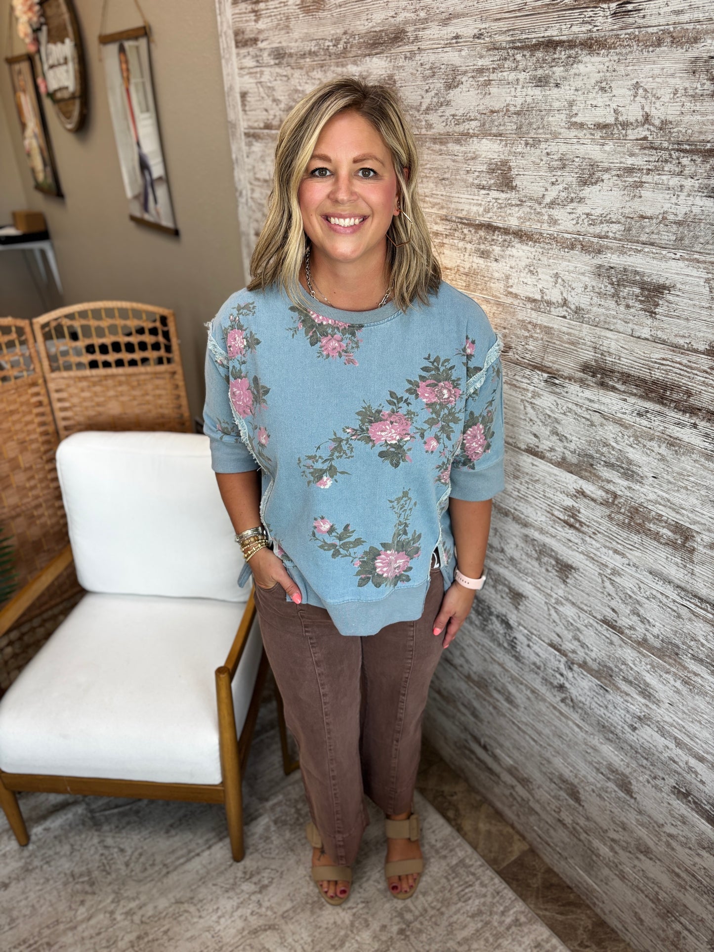 Floral Printed Denim Top