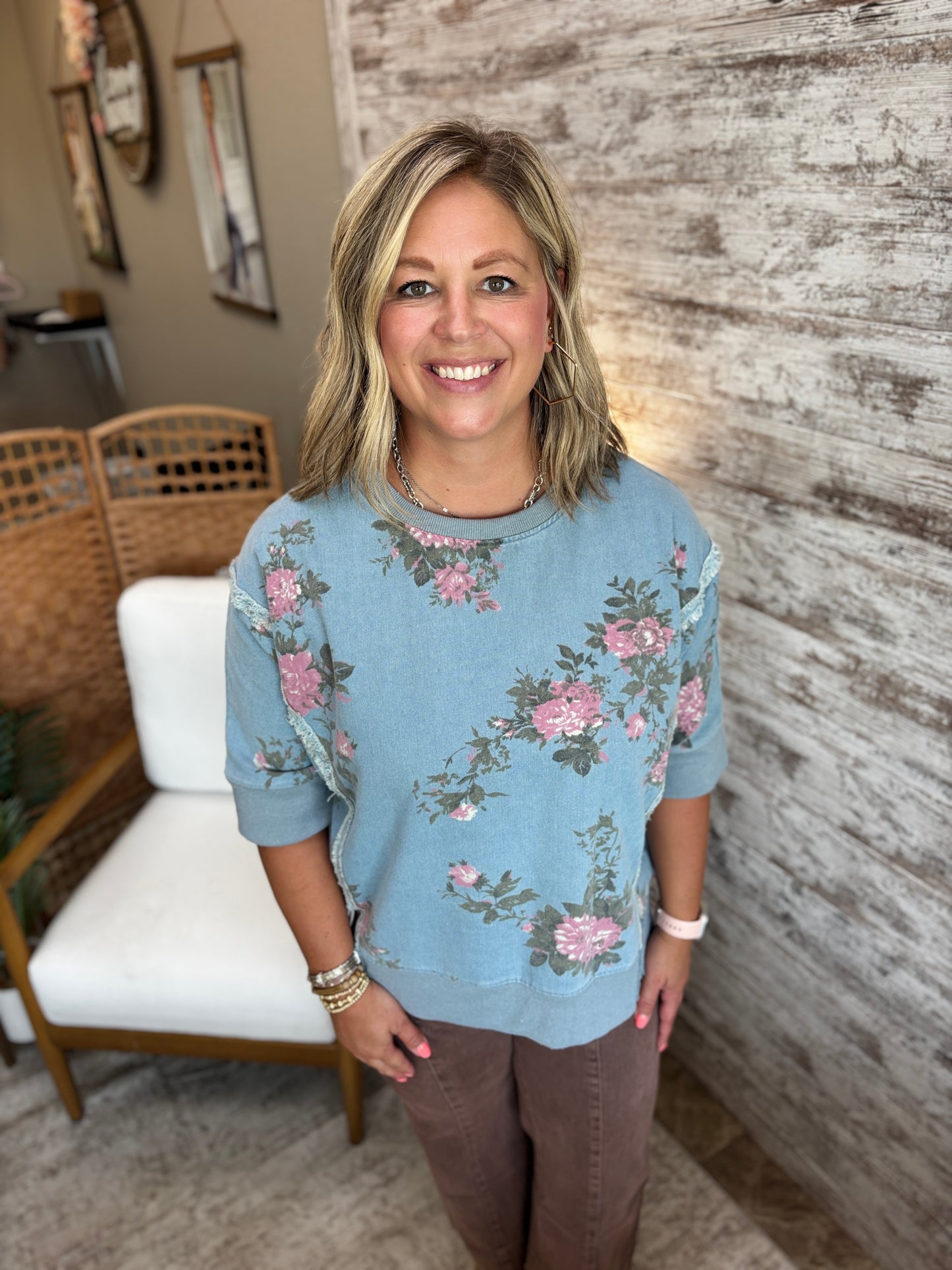 Floral Printed Denim Top