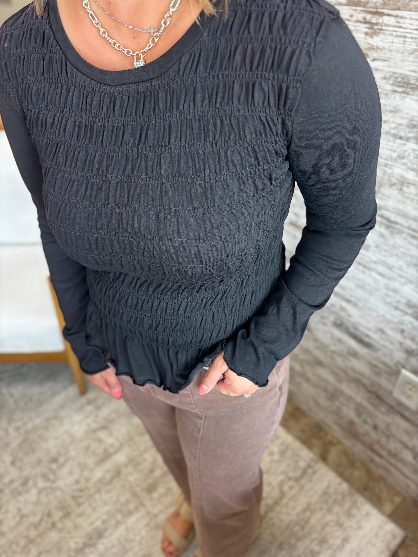 Black Ruched and Ruffled Top