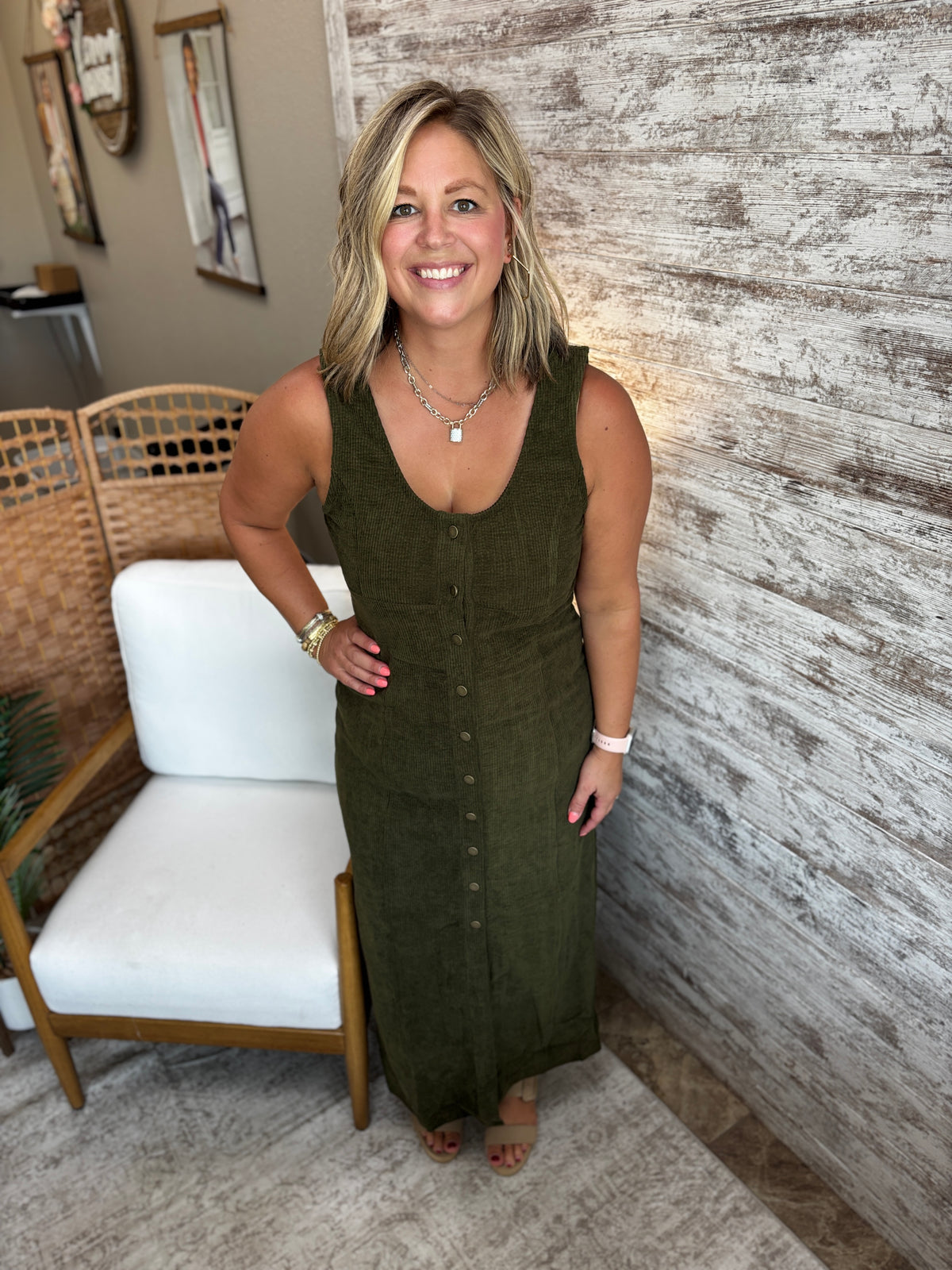 Olive Button Down Corduroy Dress