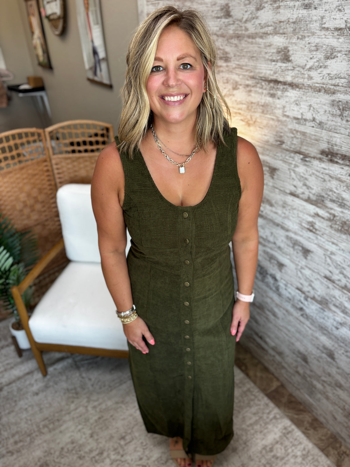 Olive Button Down Corduroy Dress