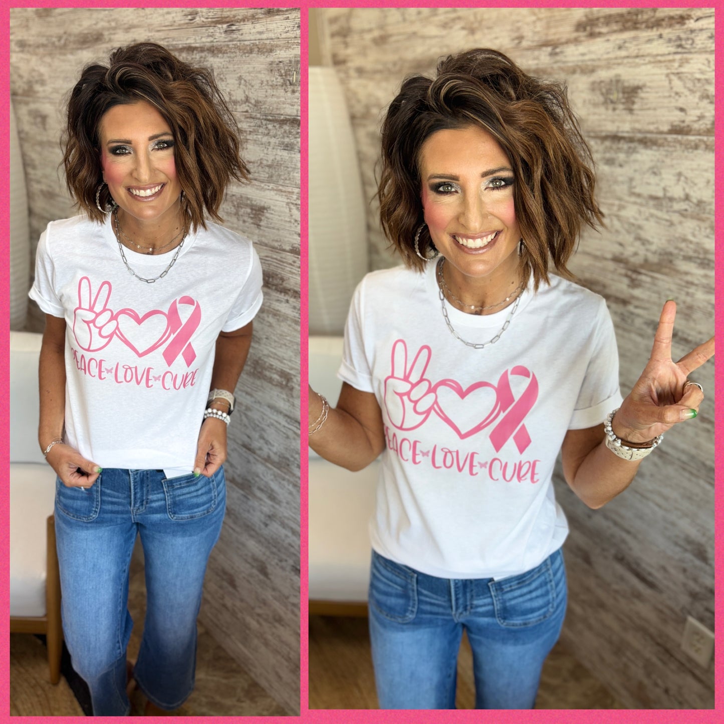 Peace, Love, Cure Breast Cancer Bella Tee~ Adult and Youth ~ 2 Colors *Giveback*