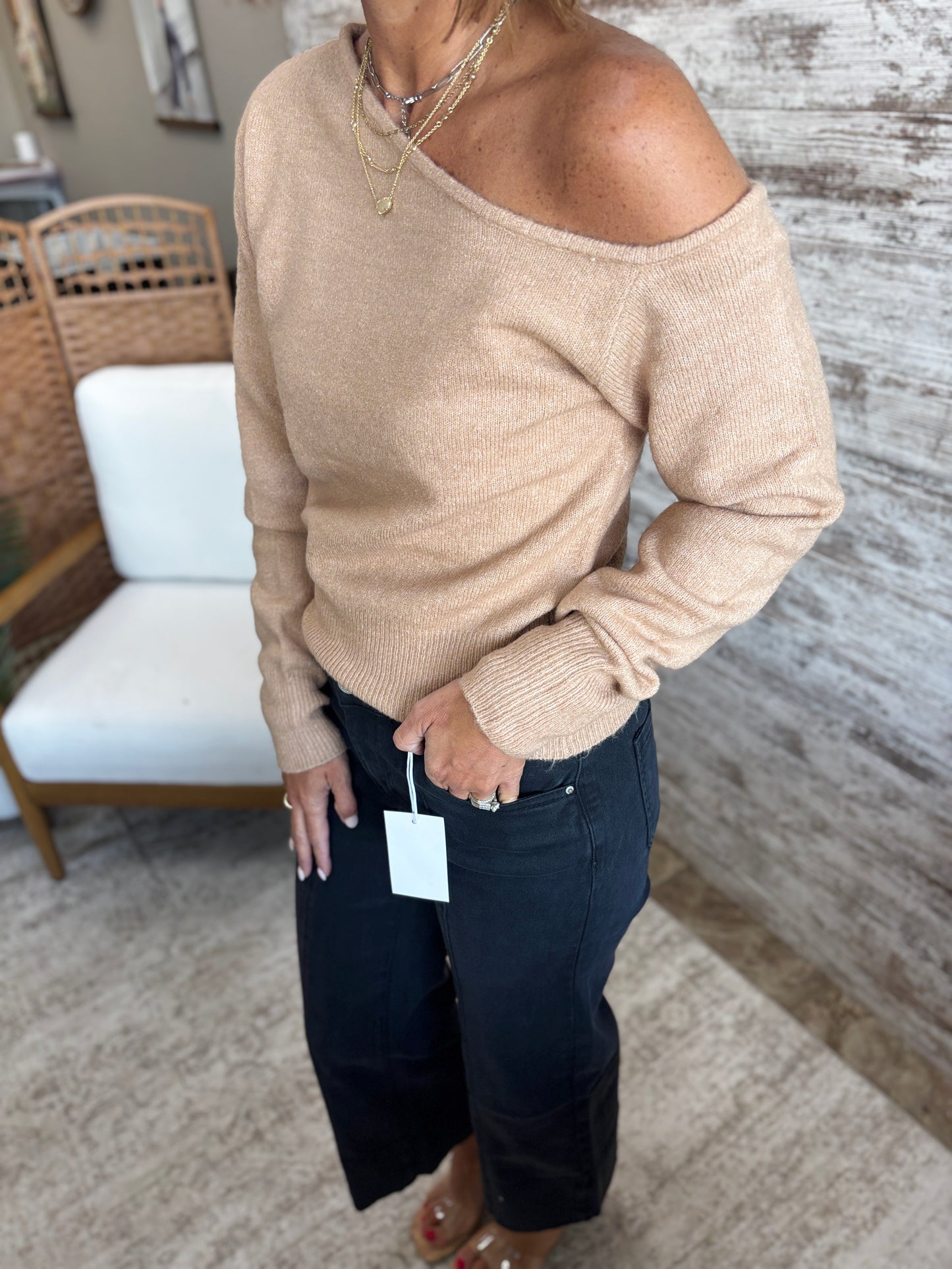 Dark Taupe Asymmetric Off Shoulder Sweater