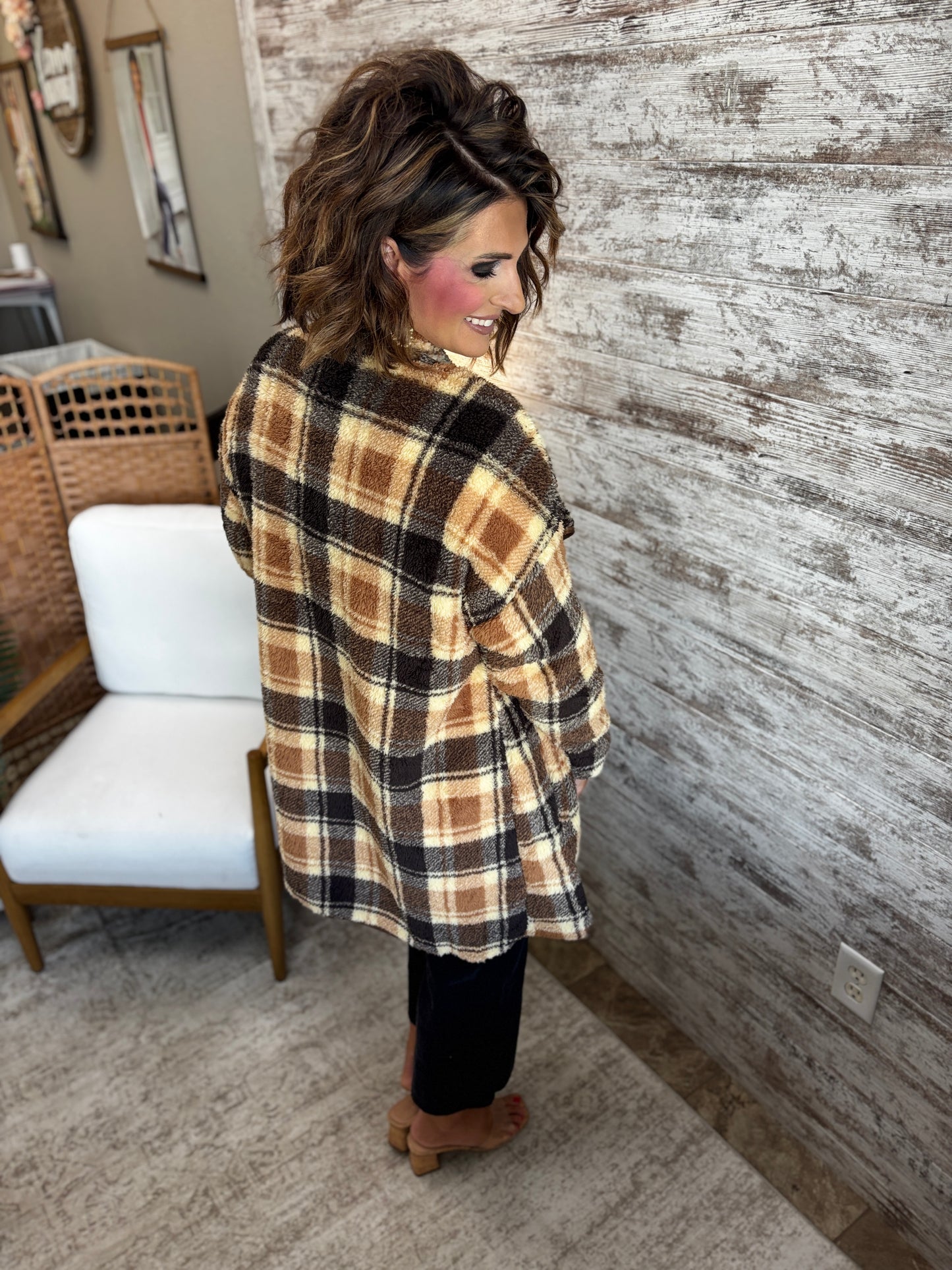 Brown Plaid Teddy Coat
