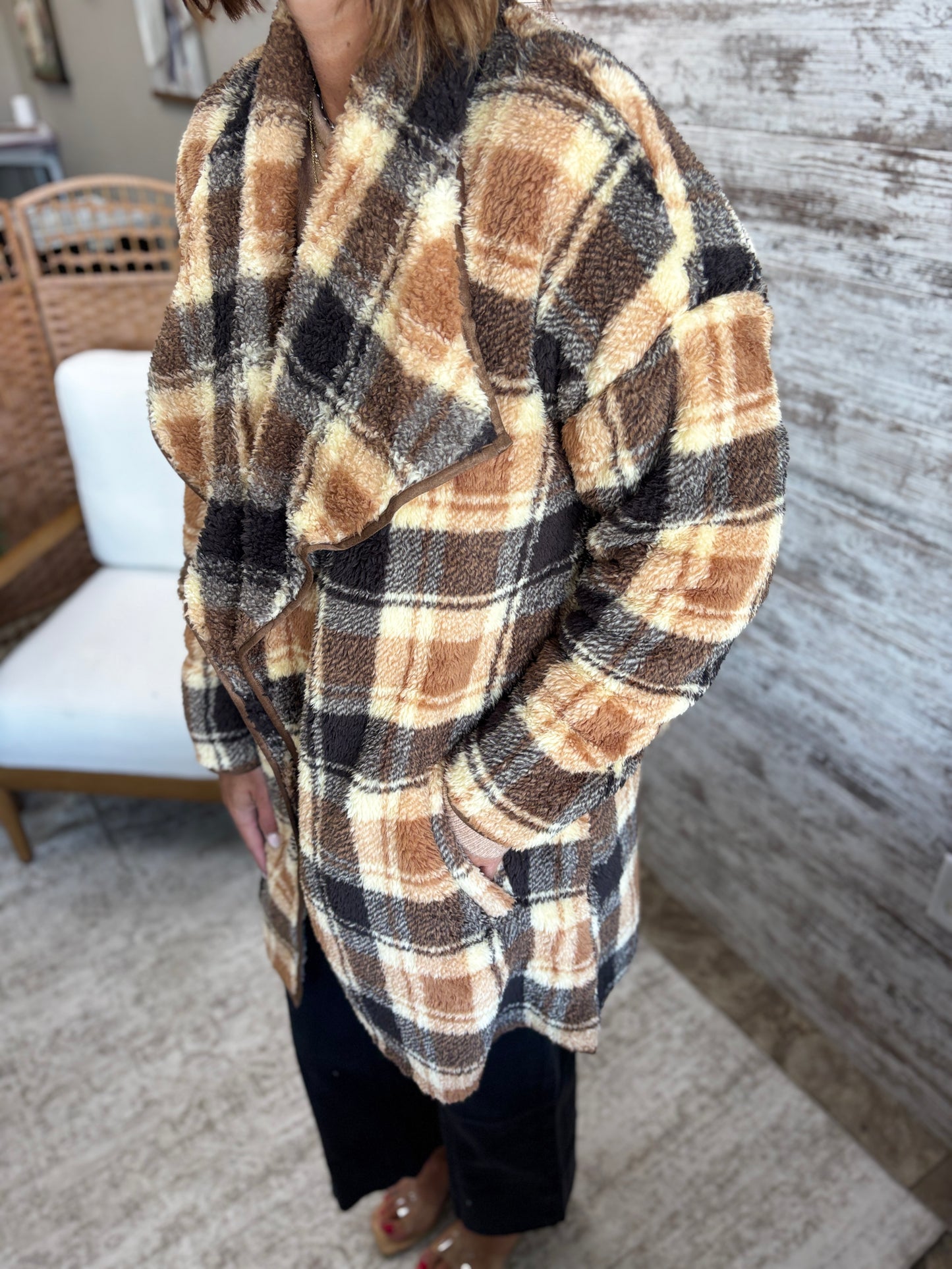 Brown Plaid Teddy Coat
