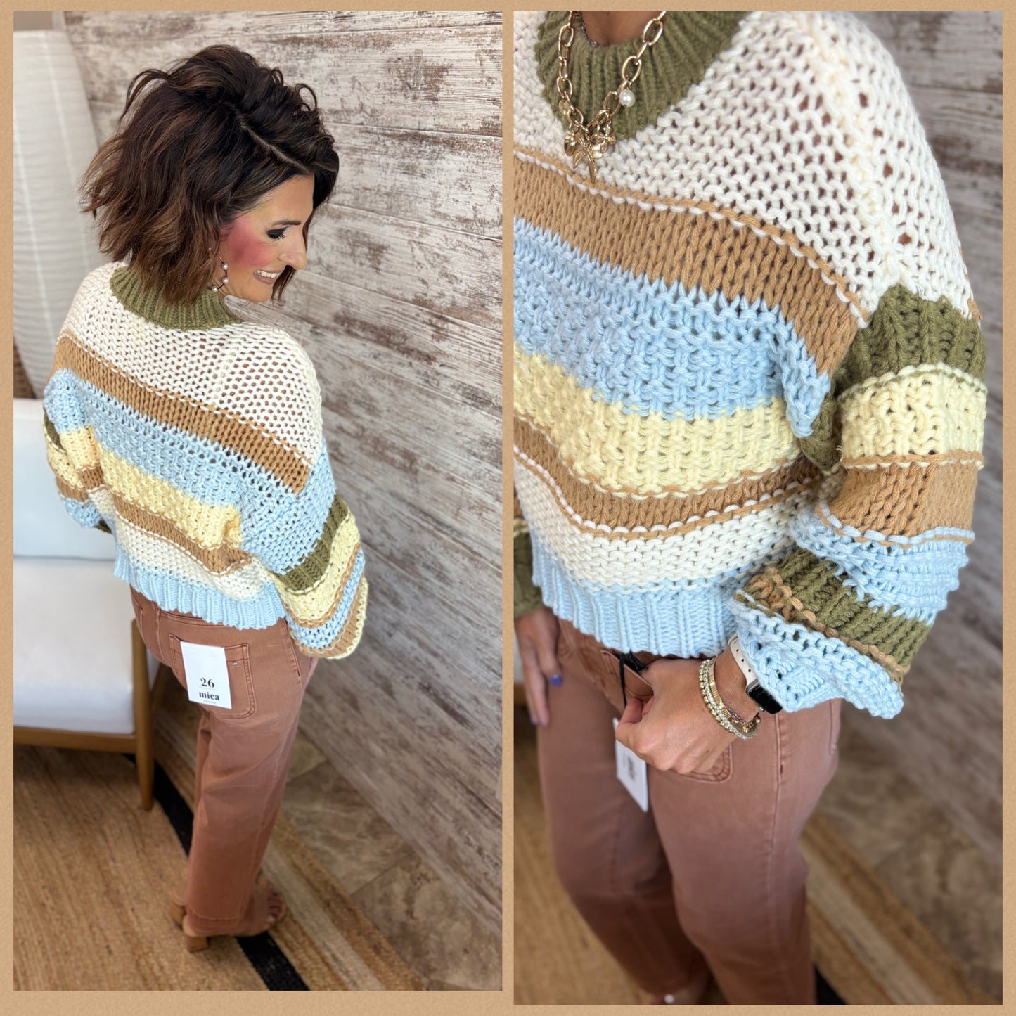 Ivory/Lt Blue/Olive Stripe Cropped Sweater
