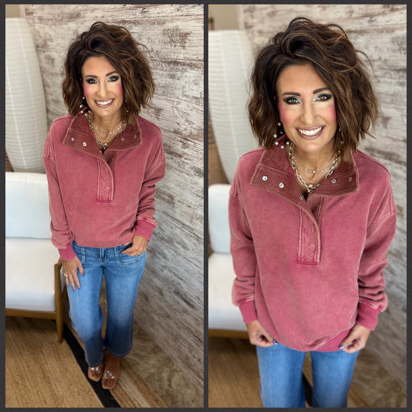 Vintage Red Thermal Wash Collar Sweatshirt