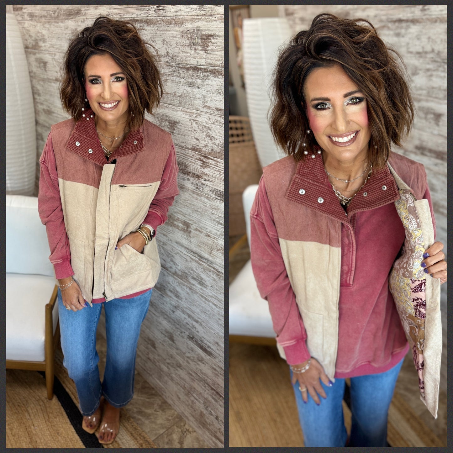 Corduroy Mixed Print Lining Vest ~ 2 Colors