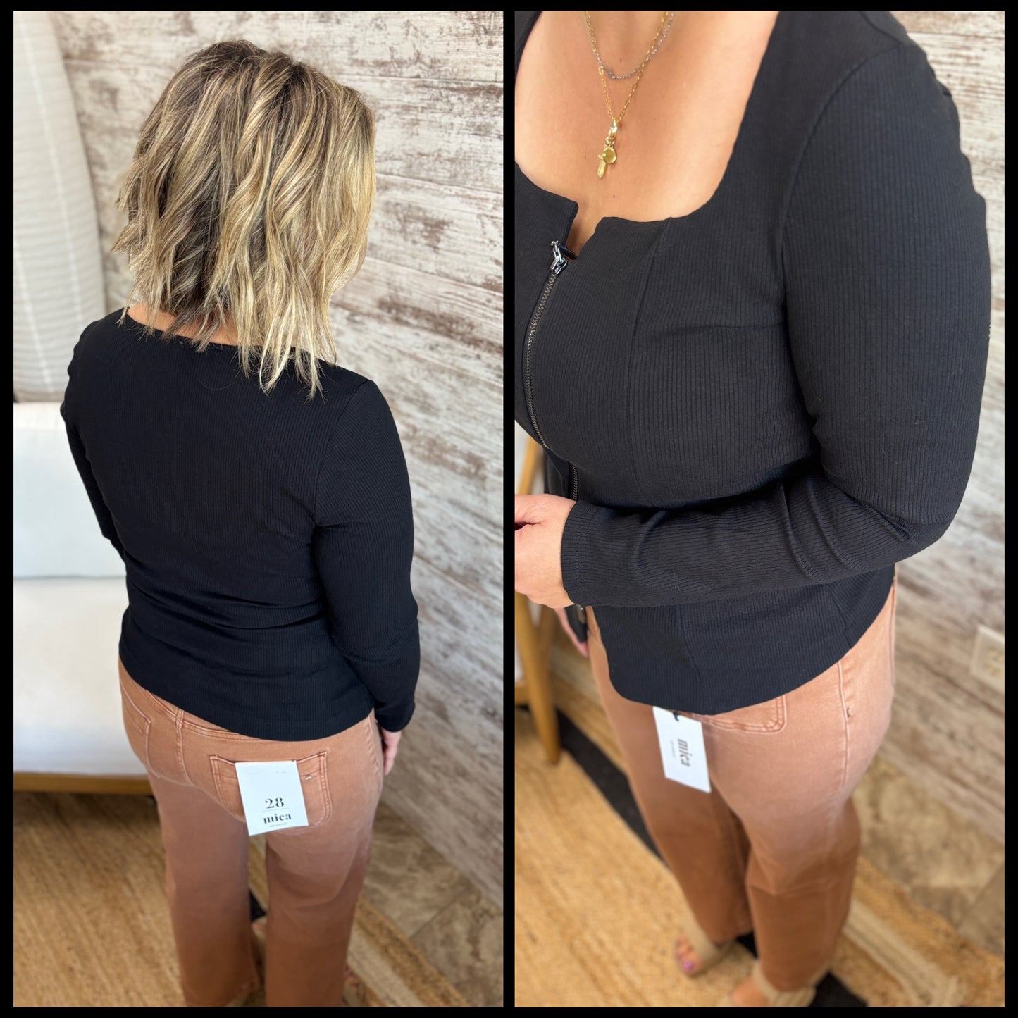 Black Square Neck Zip Up Knit Top