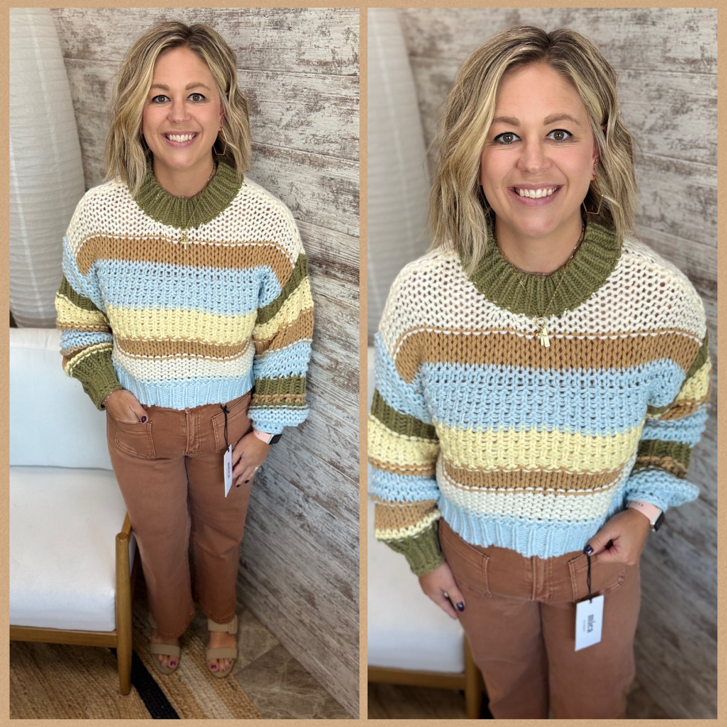 Ivory/Lt Blue/Olive Stripe Cropped Sweater