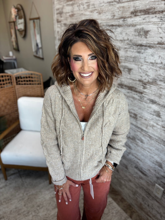Latte Zip Up Hooded Cardigan