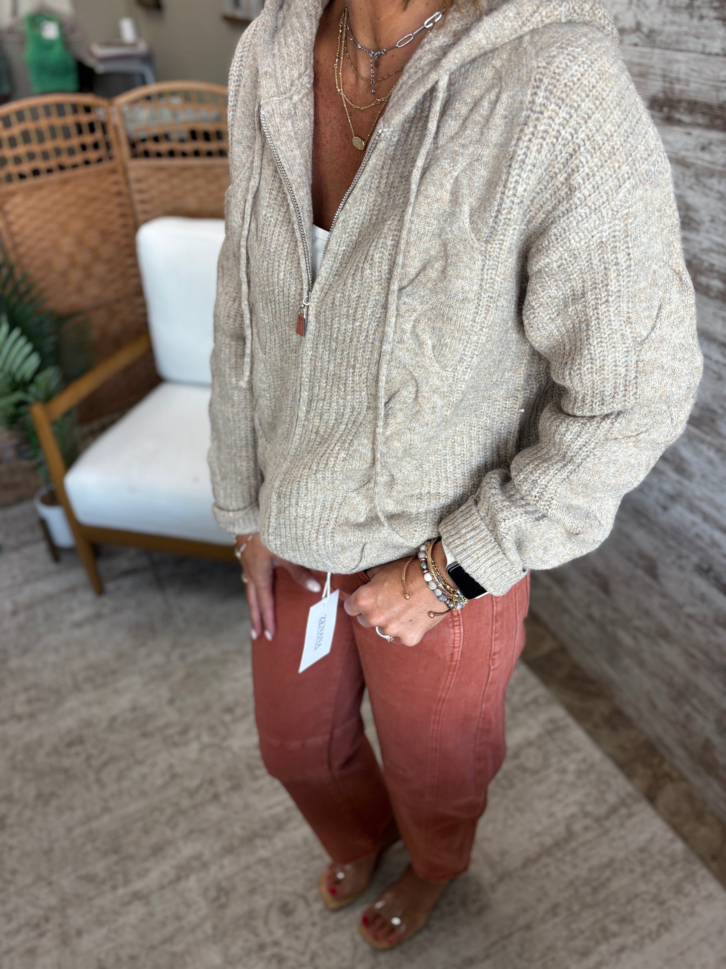 Latte Zip Up Hooded Cardigan