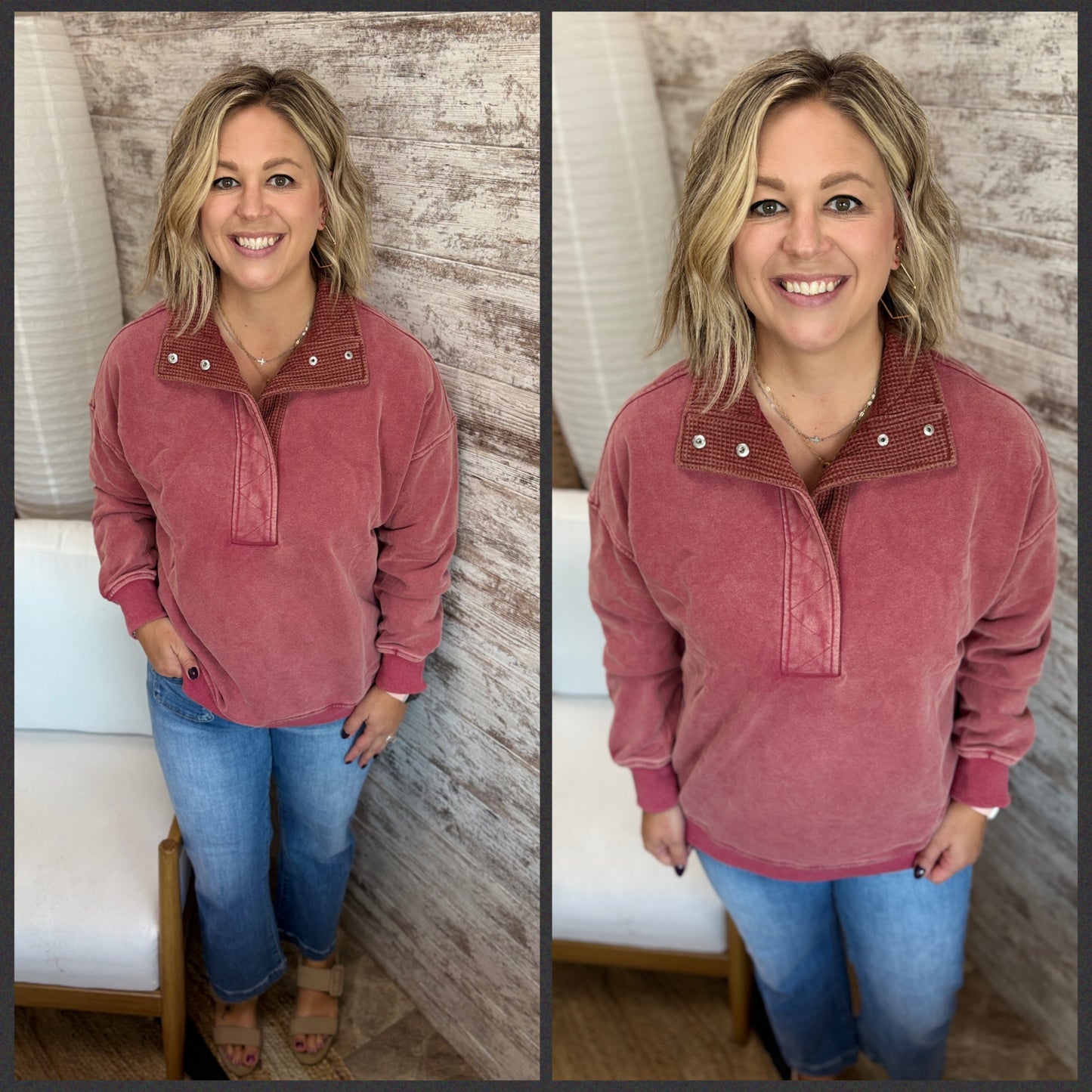 Vintage Red Thermal Wash Collar Sweatshirt