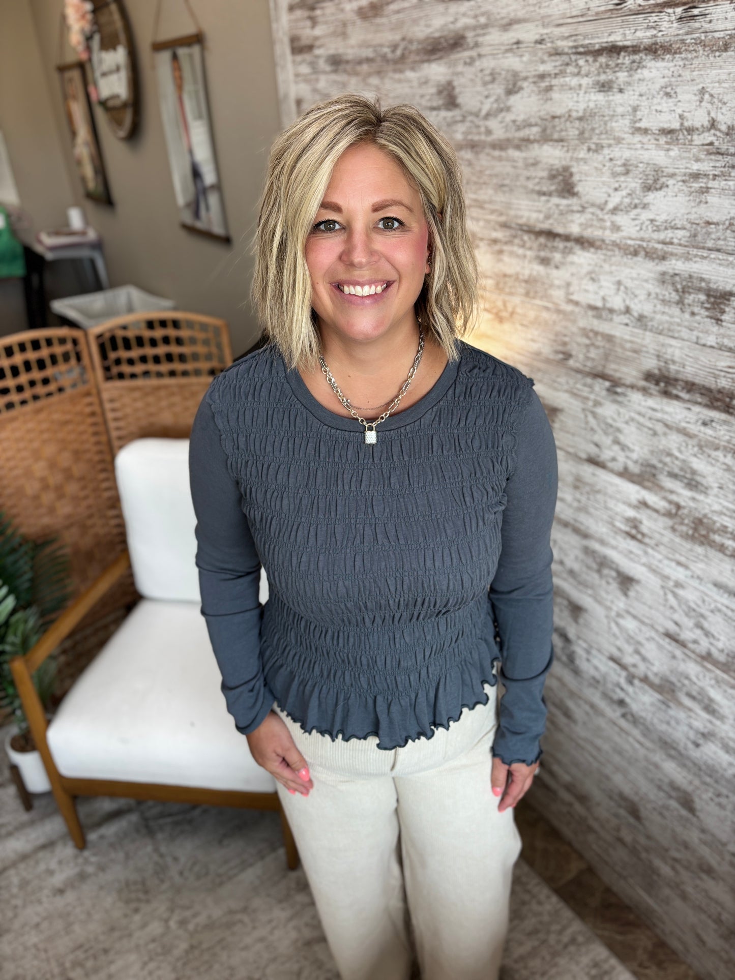Forest Sage Ruched and Ruffled Top