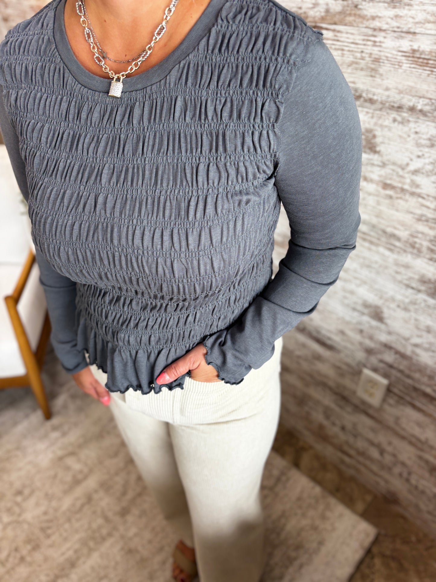 Forest Sage Ruched and Ruffled Top