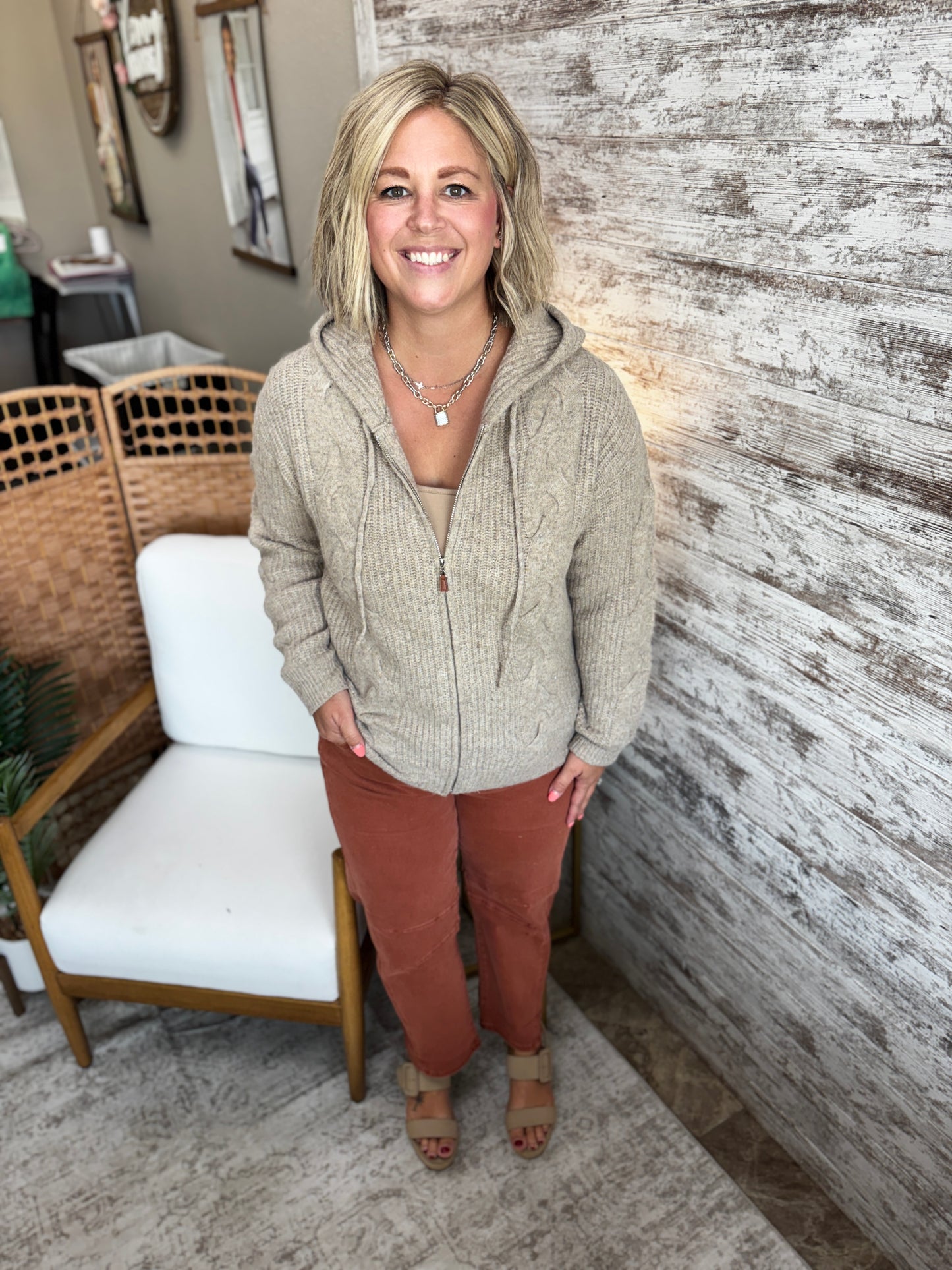 Latte Zip Up Hooded Cardigan