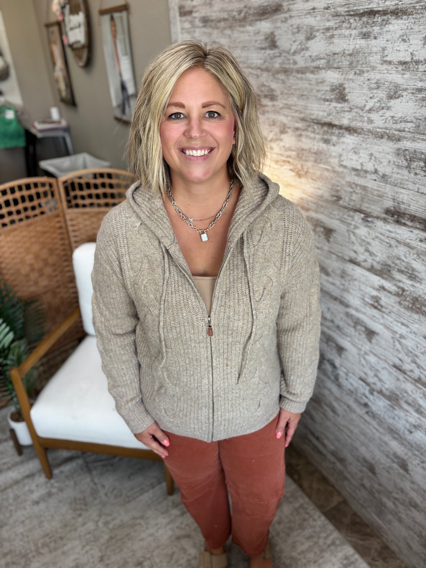 Latte Zip Up Hooded Cardigan